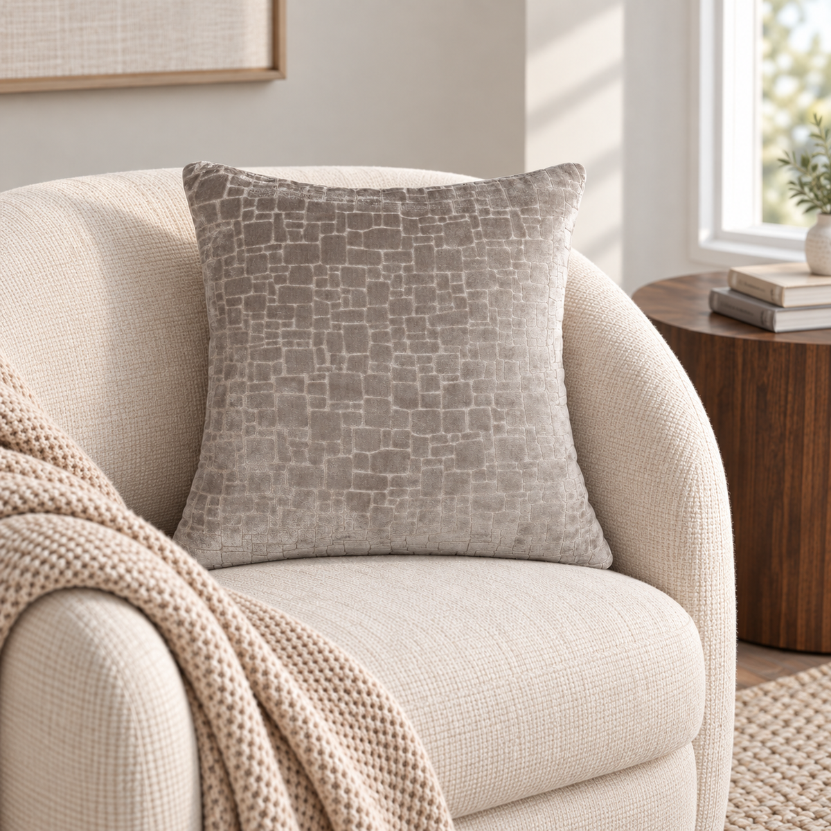 Malini Bergen Taupe Velvet Square Cushion 43x43 in a naturally lit room