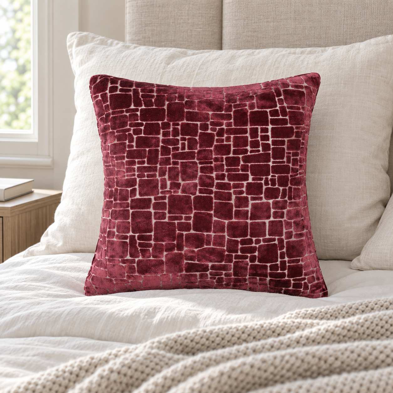 Malini Bergen Wine Red Velvet Square Cushion 43x43 in a naturally lit room