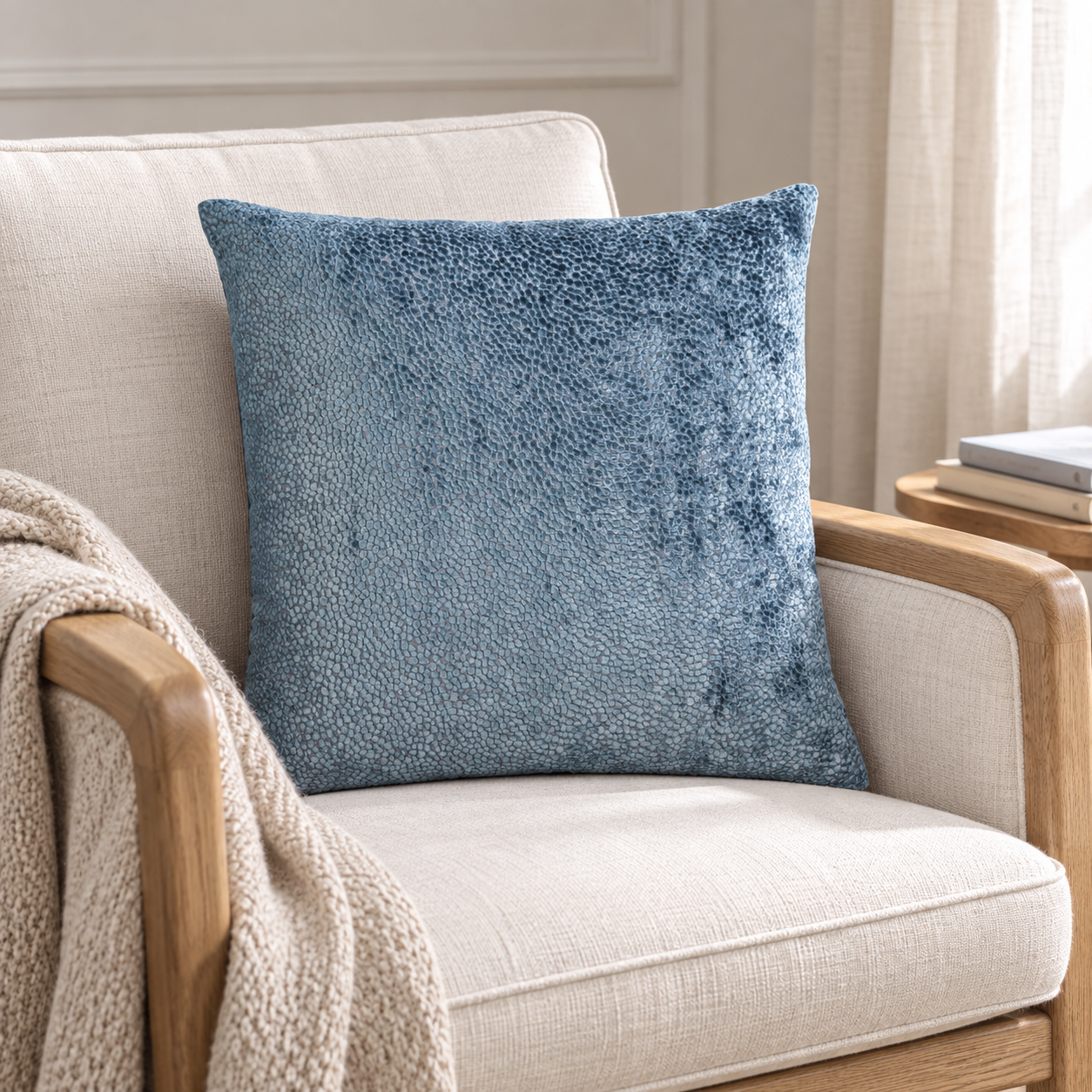 Malini Bingham Velvet Dots Blue Square Cushion 43x43 in a naturally lit room