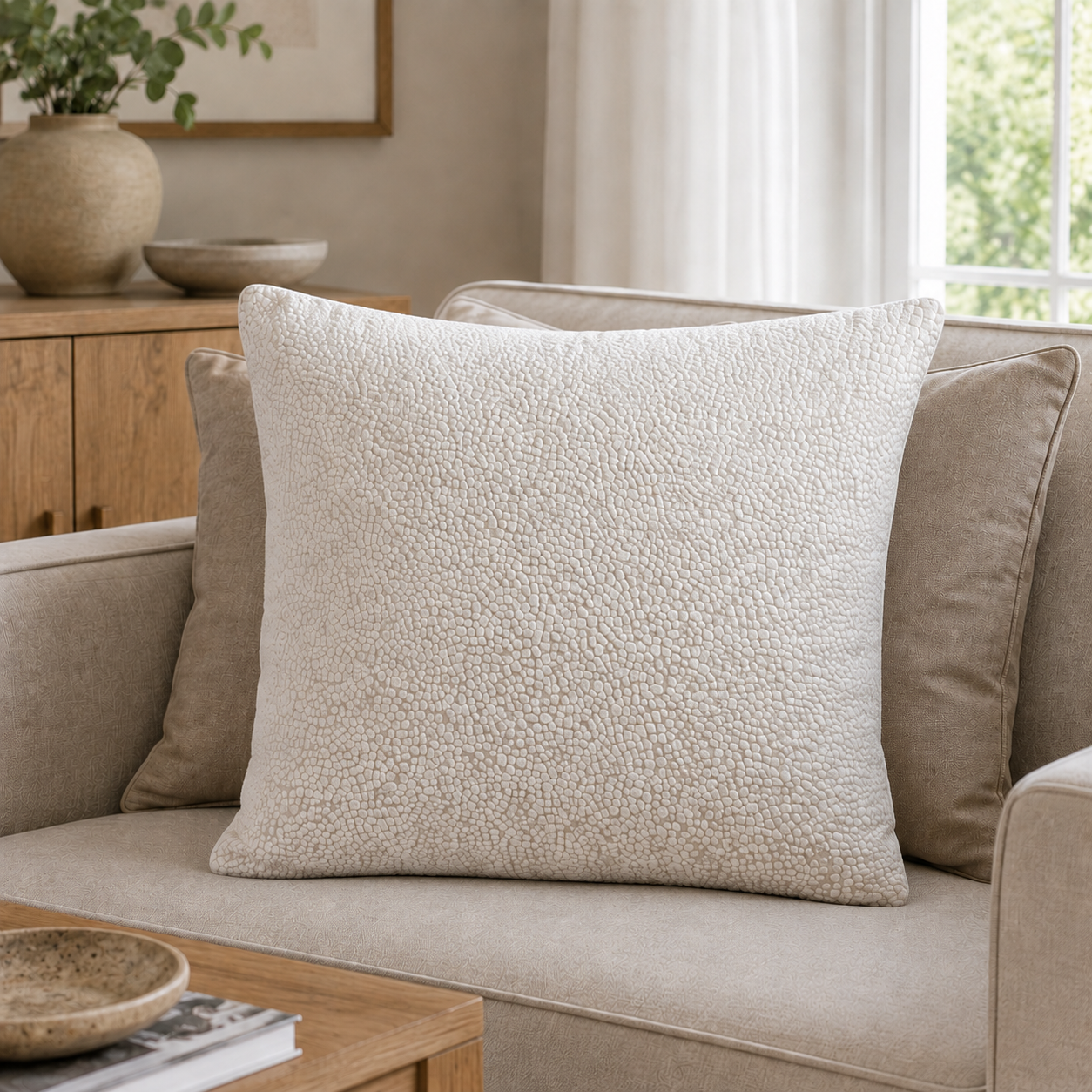 Malini Bingham Velvet Dots In Cream Square Cushion 43x43 lifestyle image