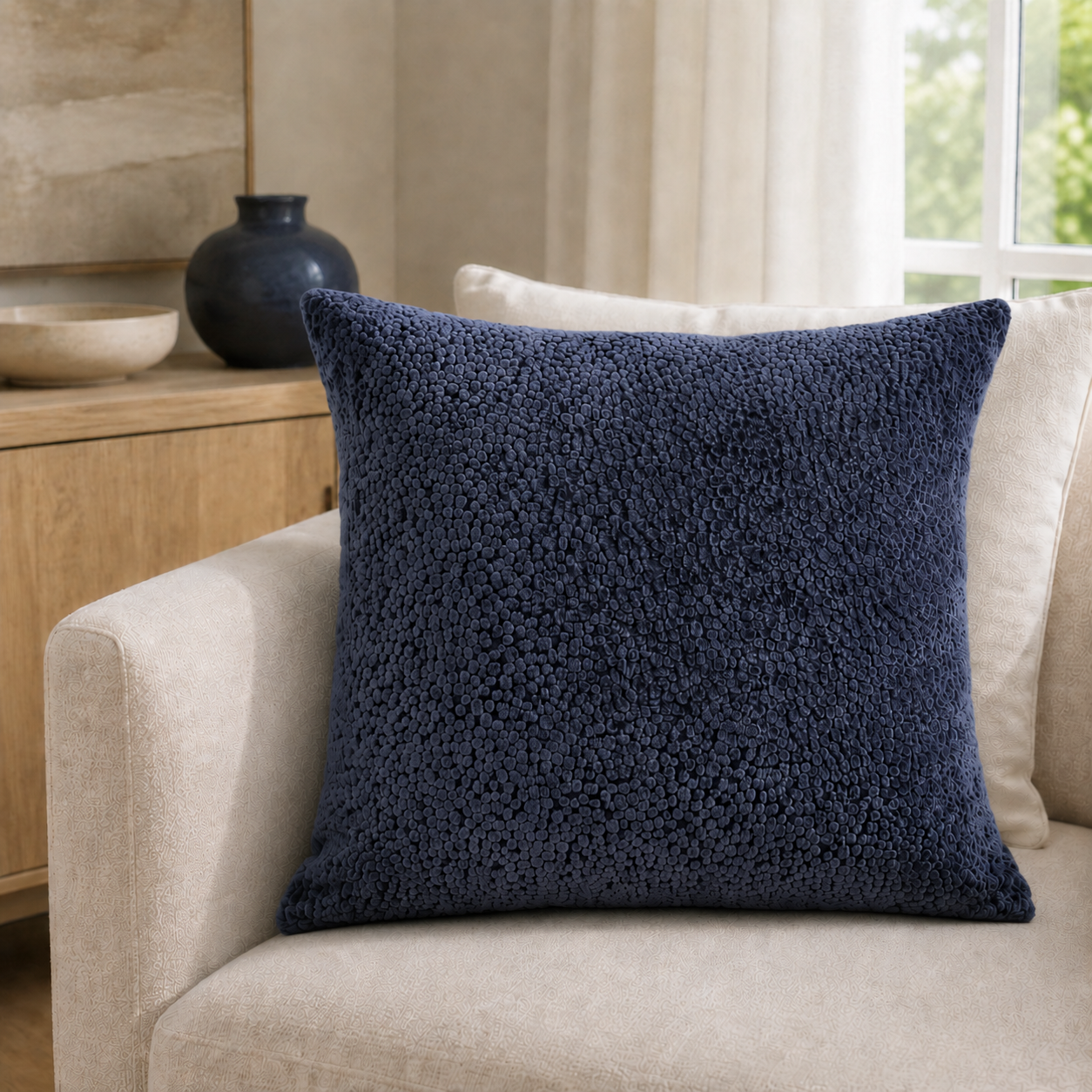 Malini Bingham Velvet Dots In Navy Square Cushion 43x43 lifestyle image