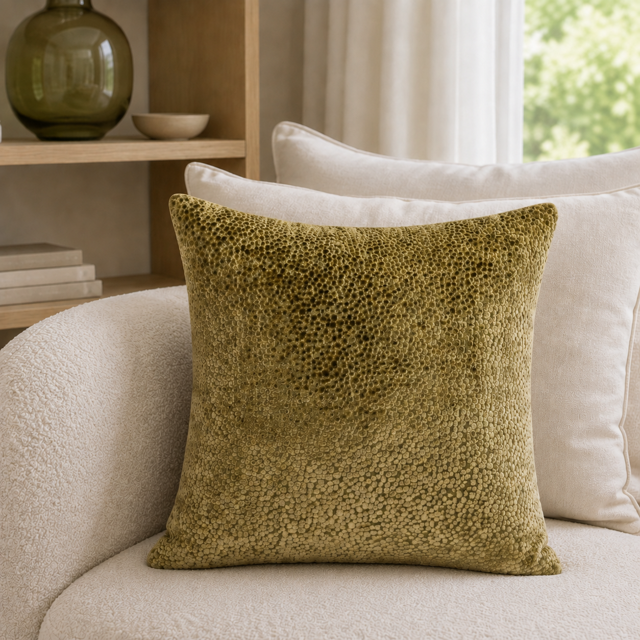 Malini Bingham Velvet Dots In Olive Green Square Cushion 43x43 lifestyle image