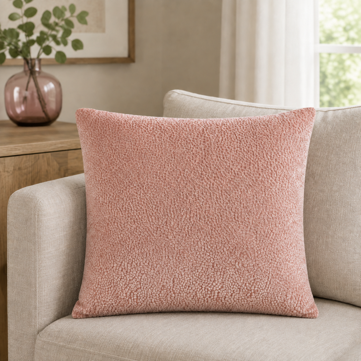 Malini Bingham Velvet Dots Pink Square Cushion 43x43 lifestyle image
