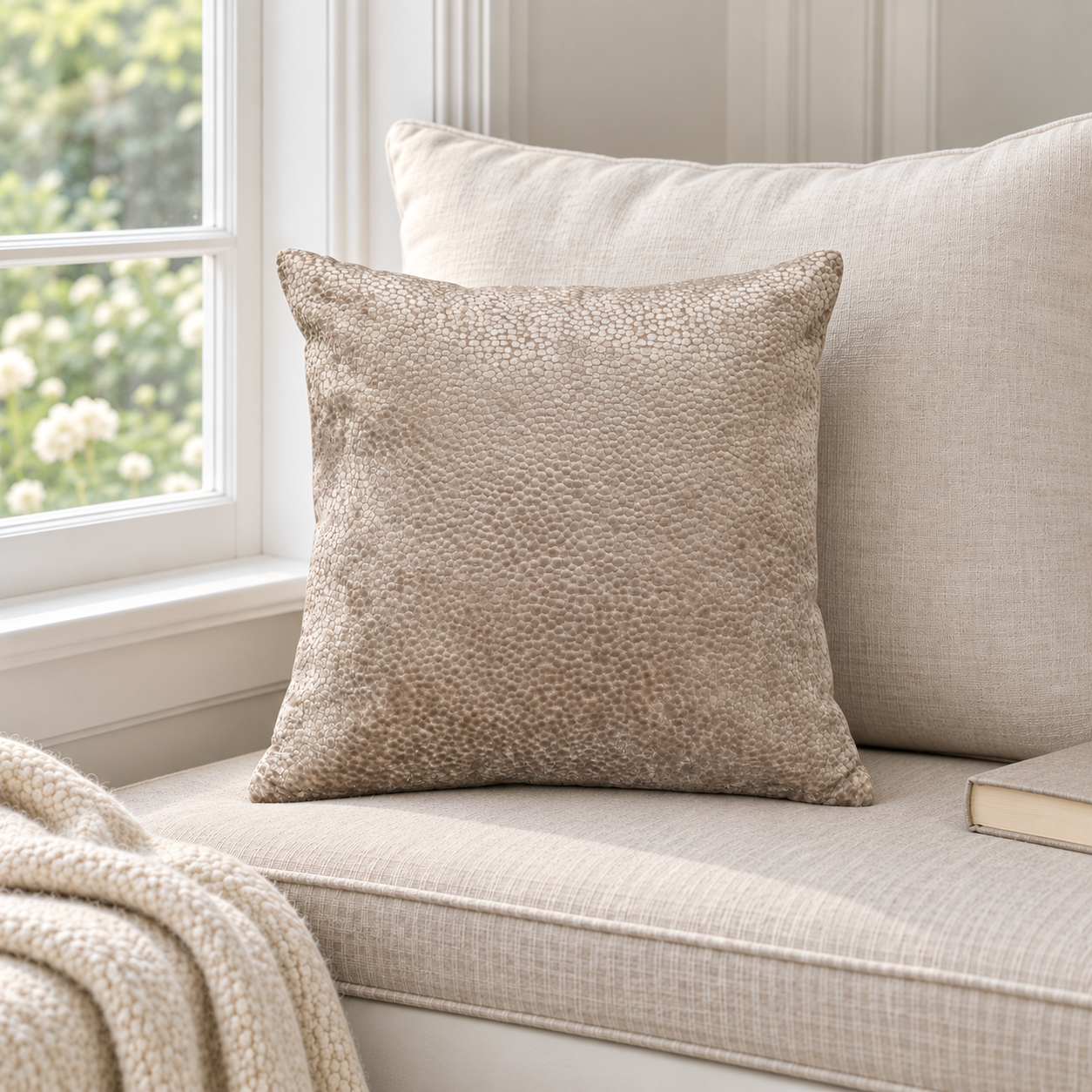 Malini Bingham Burnt Velvet Taupe Square Cushion 43x43 in a naturally lit room