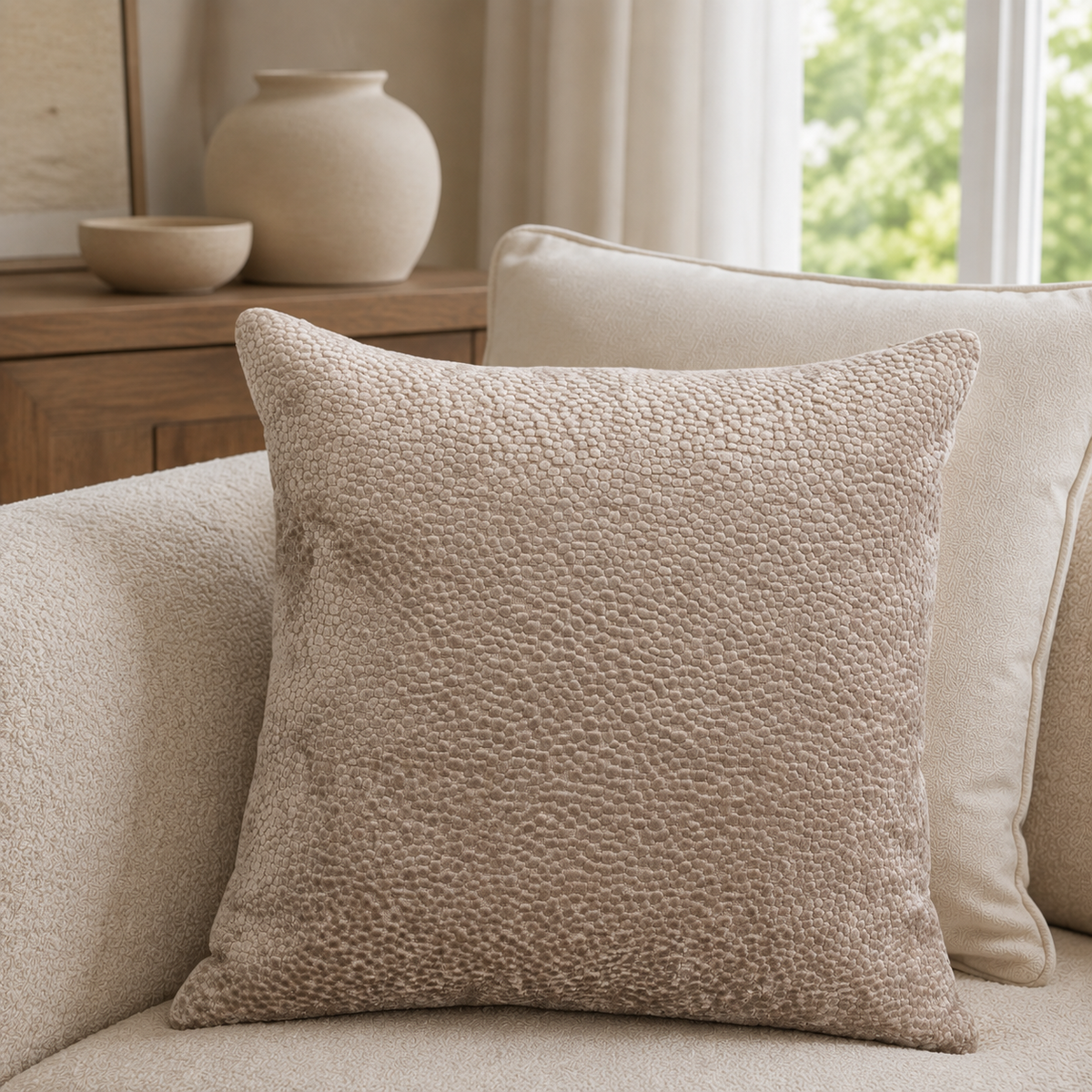 Malini Bingham Burnt Velvet Taupe Square Cushion 43x43 lifestyle image