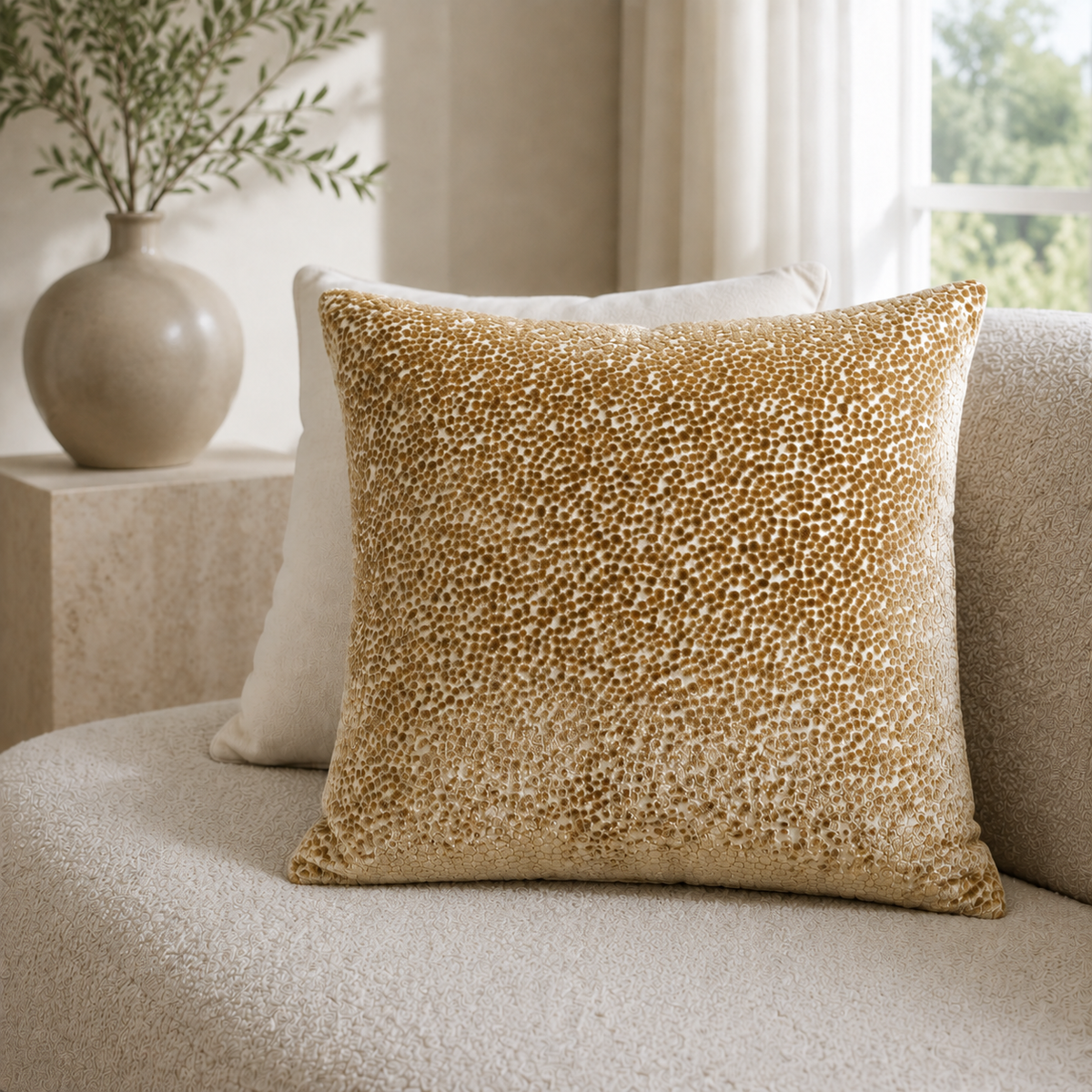 Malini Cut Velvets Dot Whiskey Square Cushion 43x43 lifestyle image