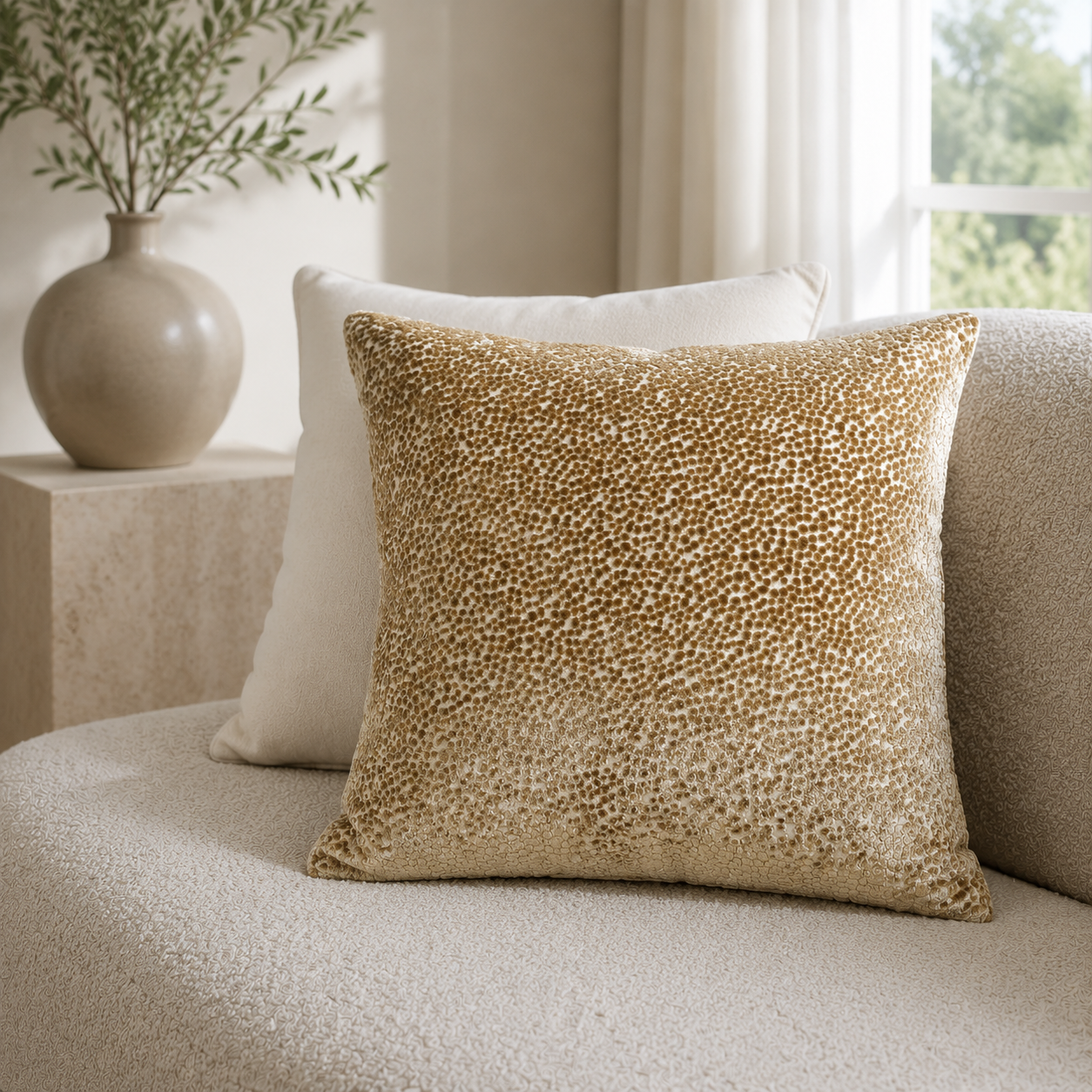 Malini Cut Velvets Dot Whiskey Square Cushion 43x43 styled on light neutral furniture