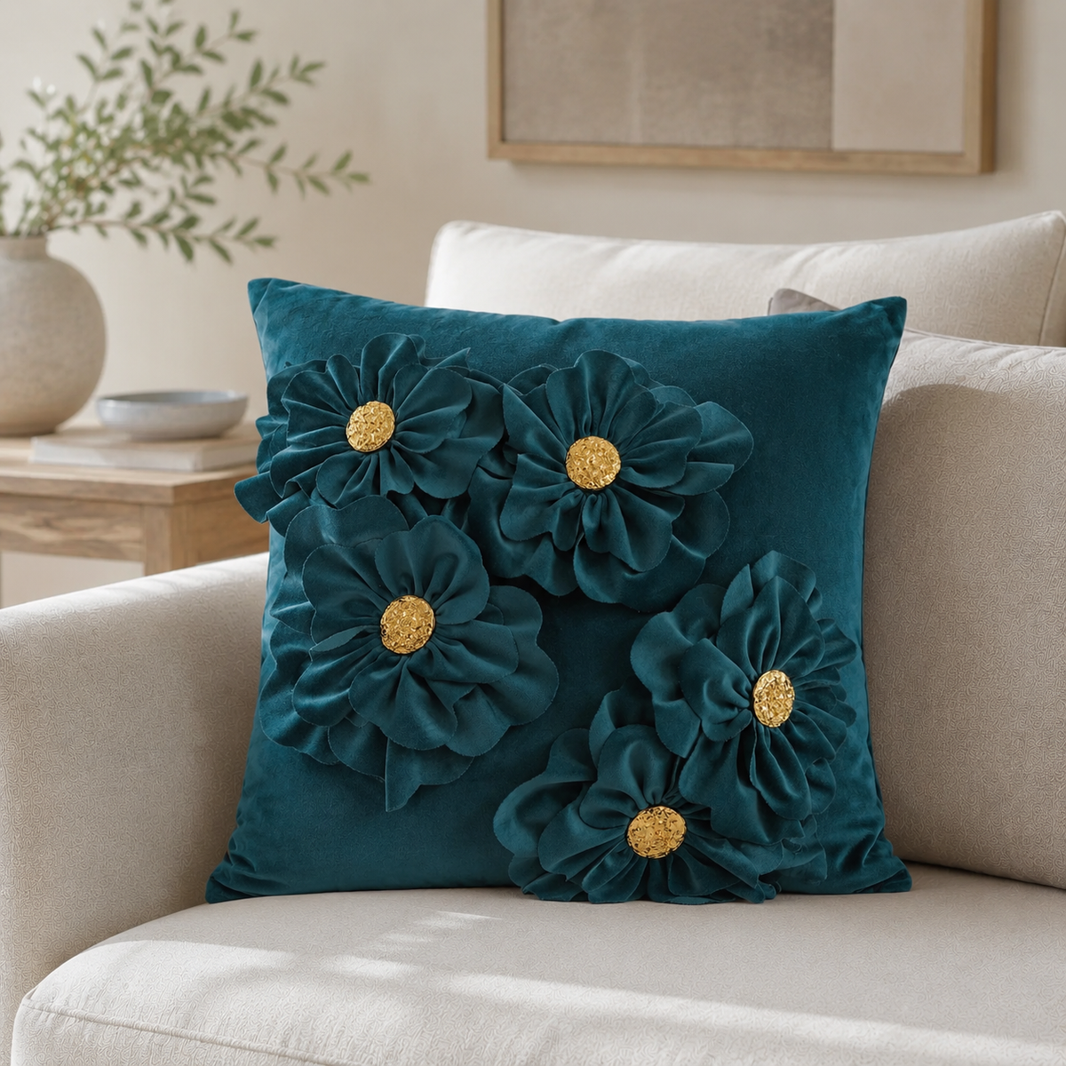 Malini Paul Moneypenny Blooming Wonderful Teal Blue Square Cushion 45x45 lifestyle image
