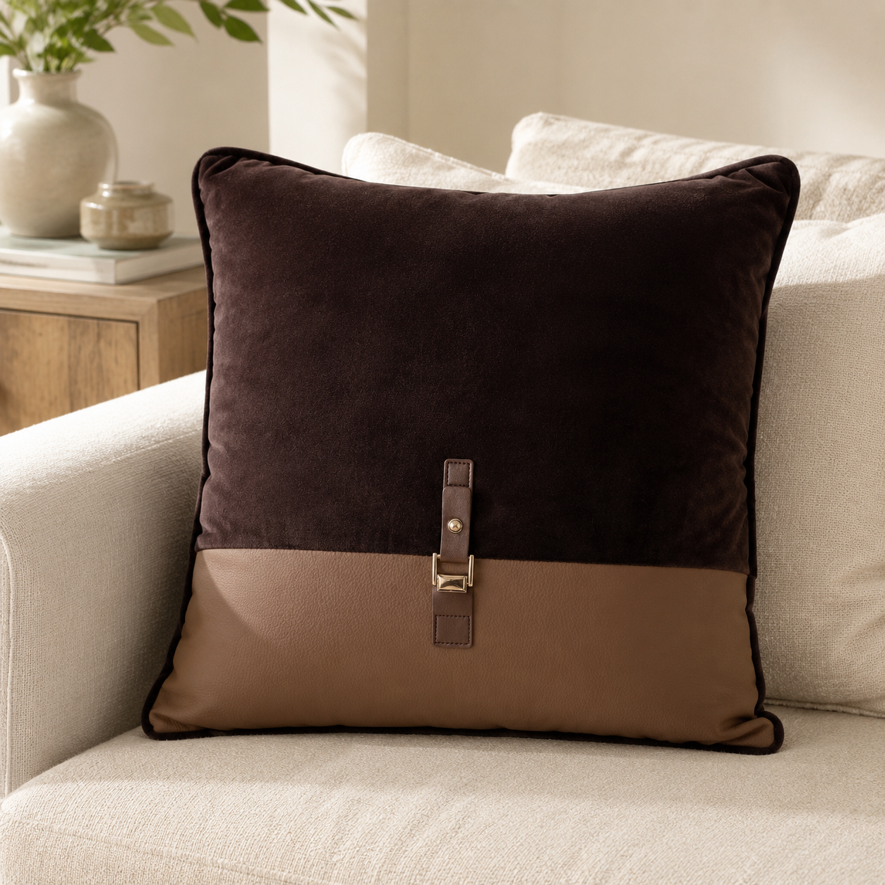Malini Paul Moneypenny Buckle Chocolate Square Cushion 45x45 lifestyle image