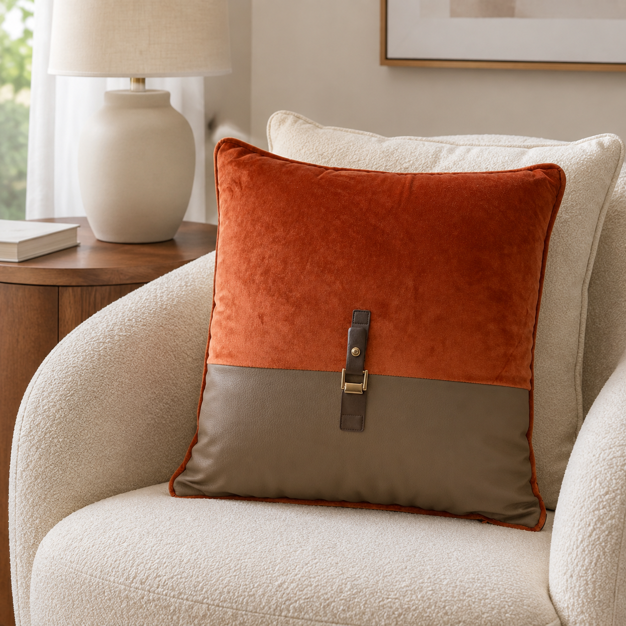 Malini Paul Moneypenny Buckle Orange Square Cushion 45x45 lifestyle image