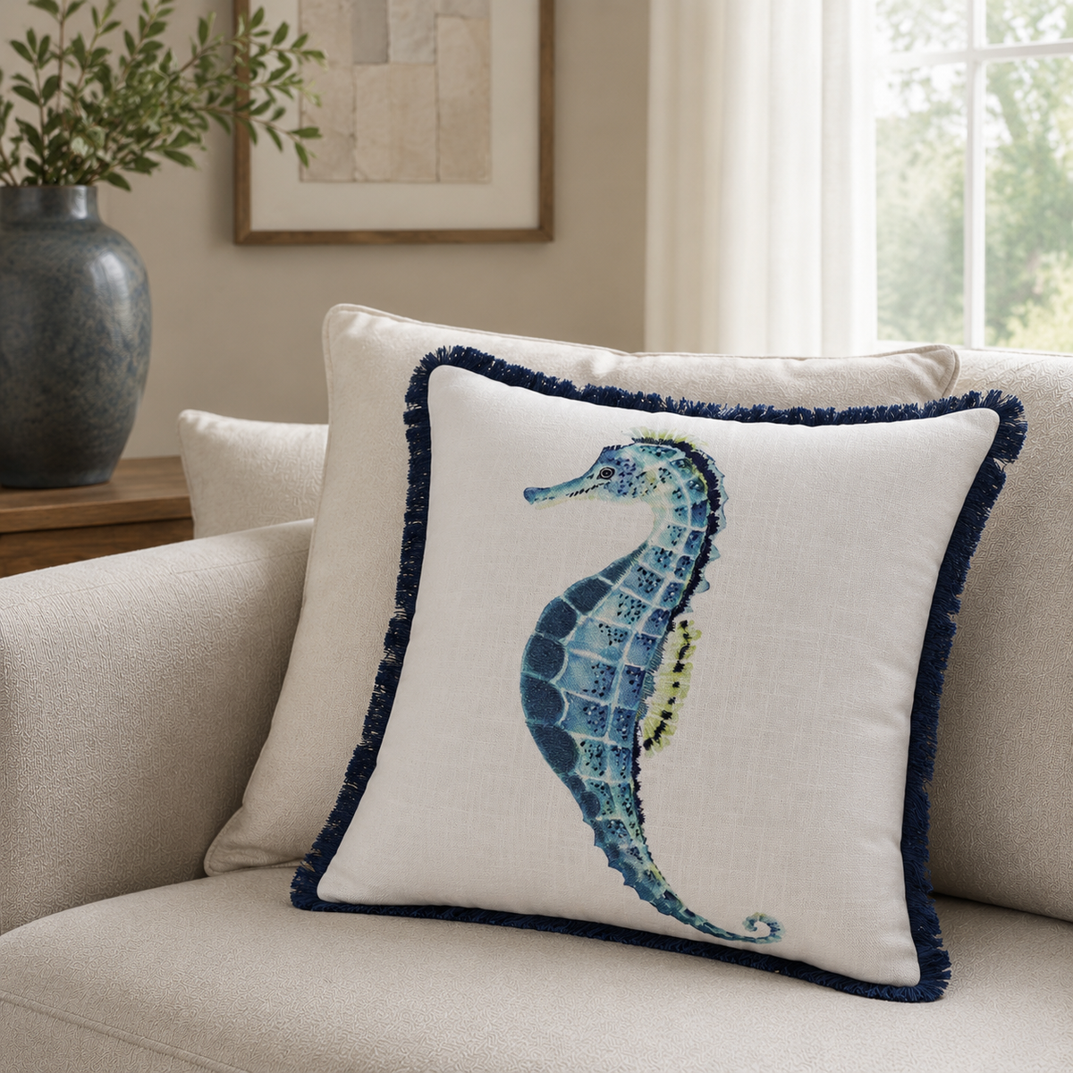 Malini Cay Blue and Cream square cushion lifestyle