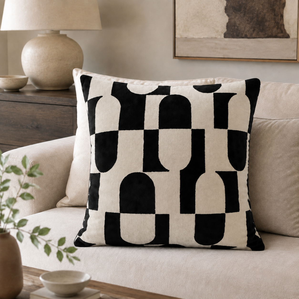 Malini Paul Moneypenny Black Pill Square Cushion 43x43 lifestyle image