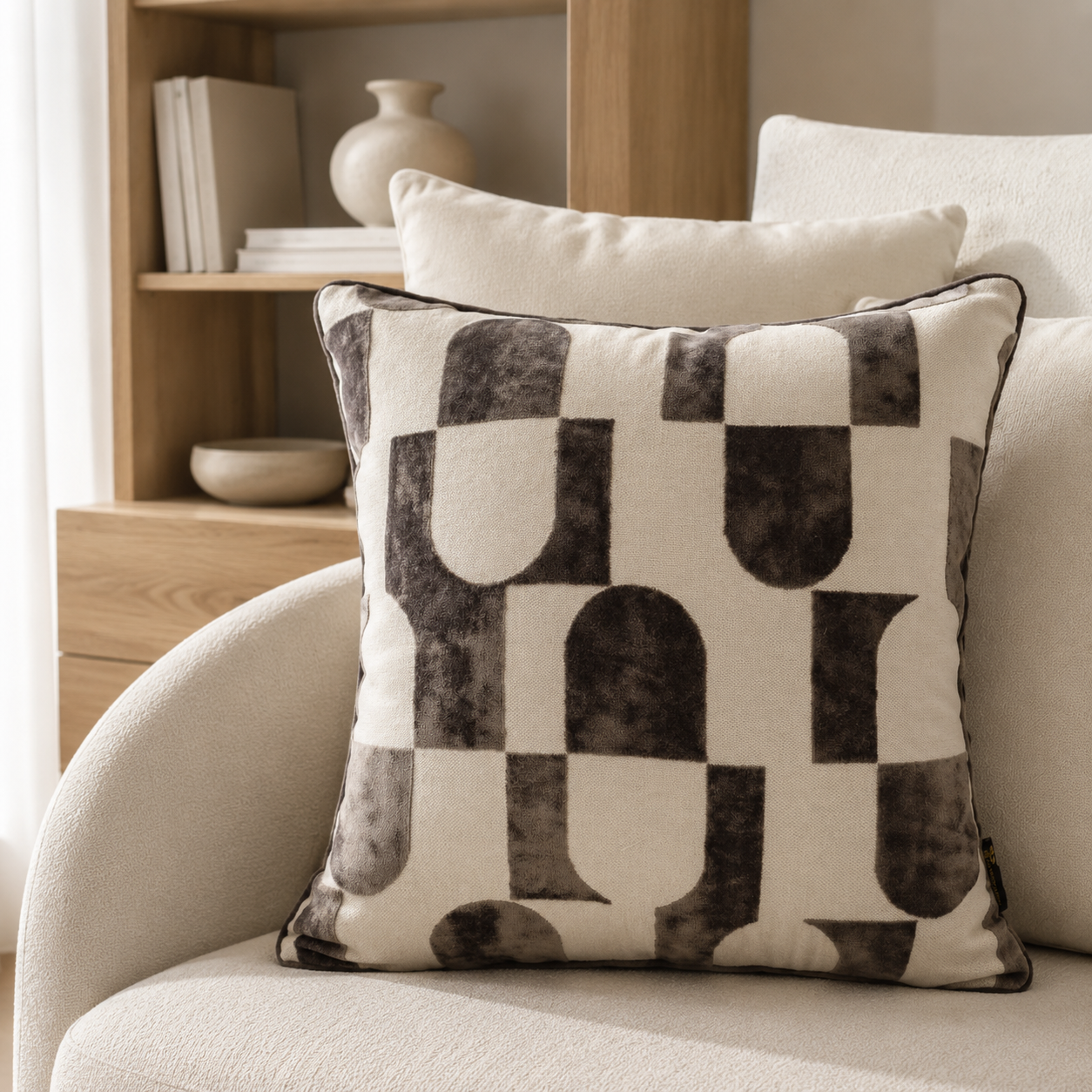Malini Paul Moneypenny Chillpill Chocolate Square Cushion 43x43 lifestyle image