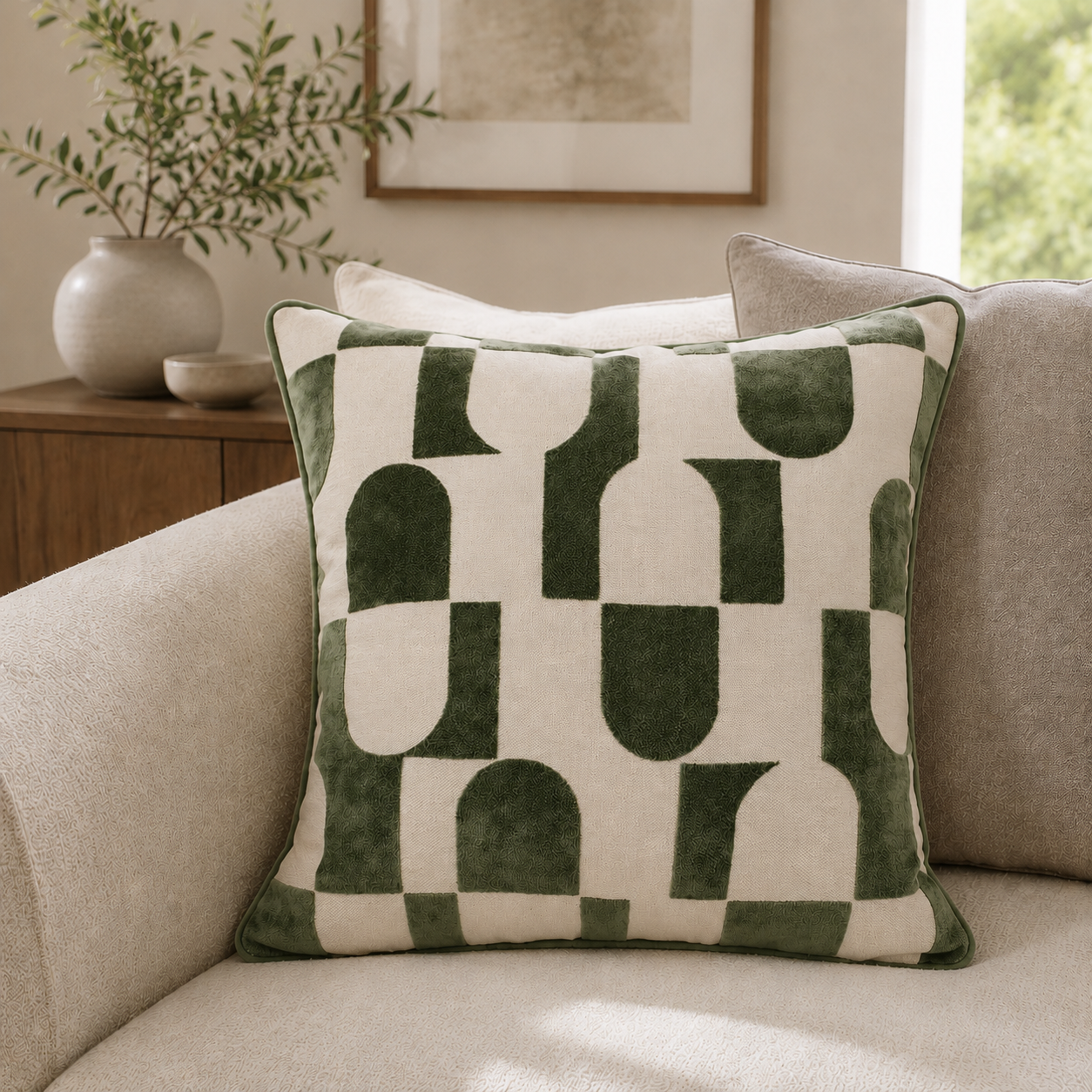 Malini Paul Moneypenny Chillpill Sage Square Cushion 43x43 lifestyle image