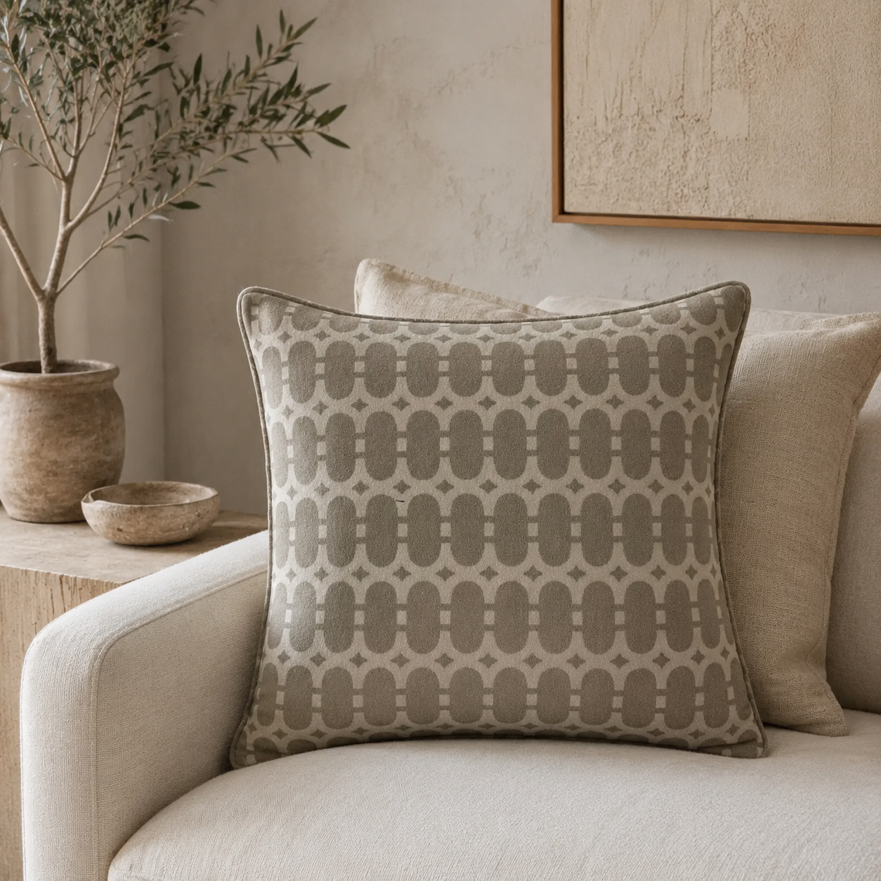 Malini Clarivo natural retro design 45x45 cushion styled on a light neutral sofa