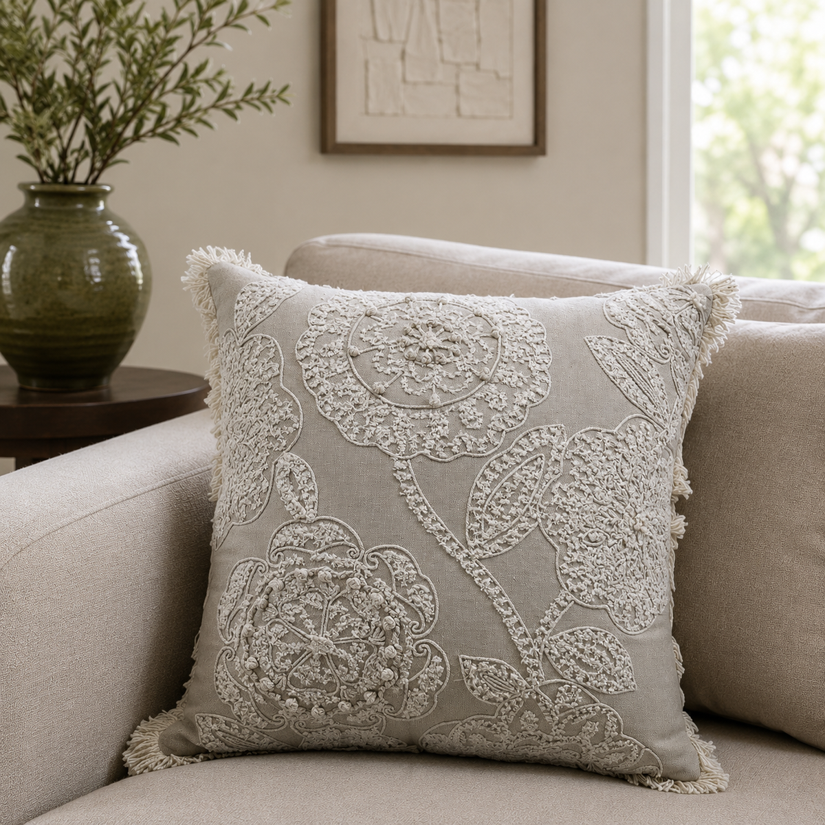 Malini Cleo Cream square cushion lifestyle