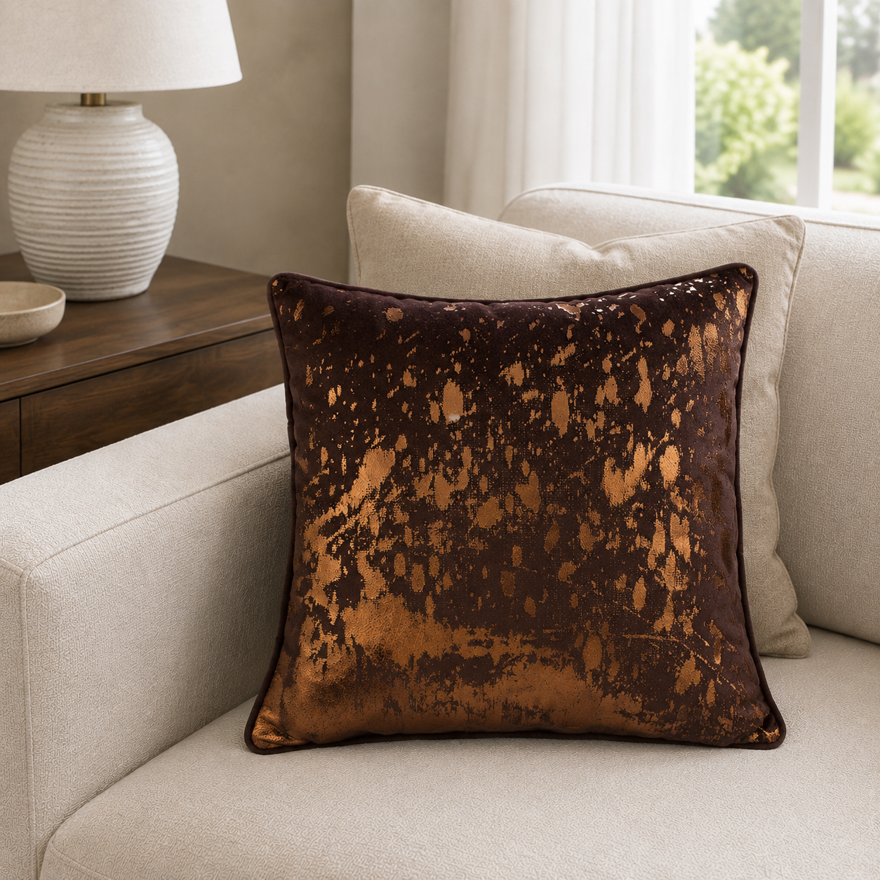 Malini Damnhot Bronze Foil Splash Cushion On Choc Square Cushion 45x45 styled on light neutral furniture