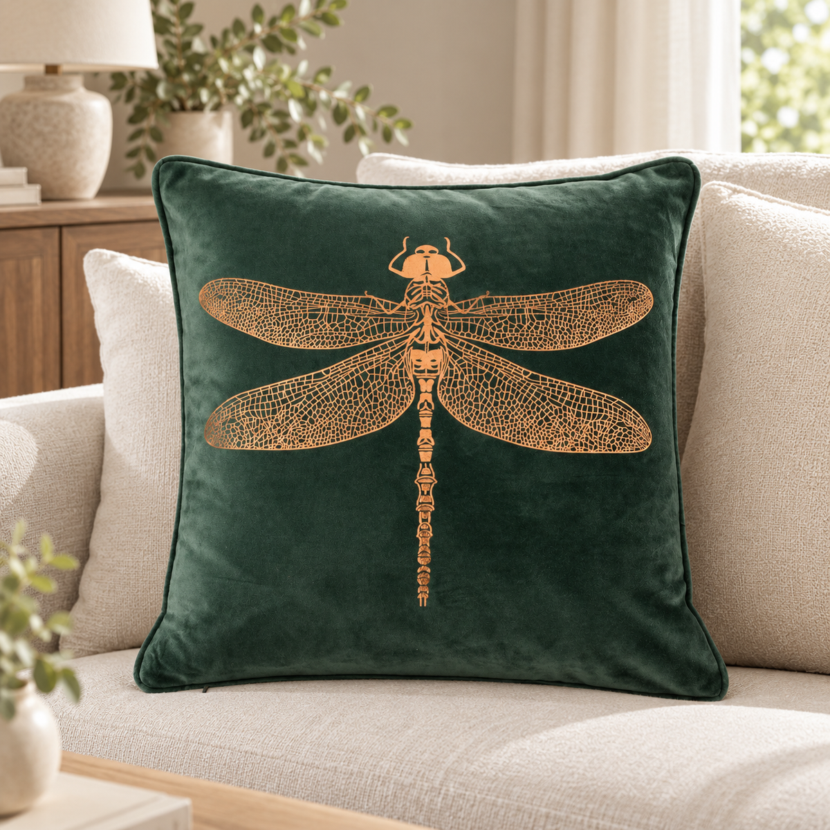 Malini Dennis Dragonfly Foil Green Velvet Square Cushion 43x43 lifestyle image