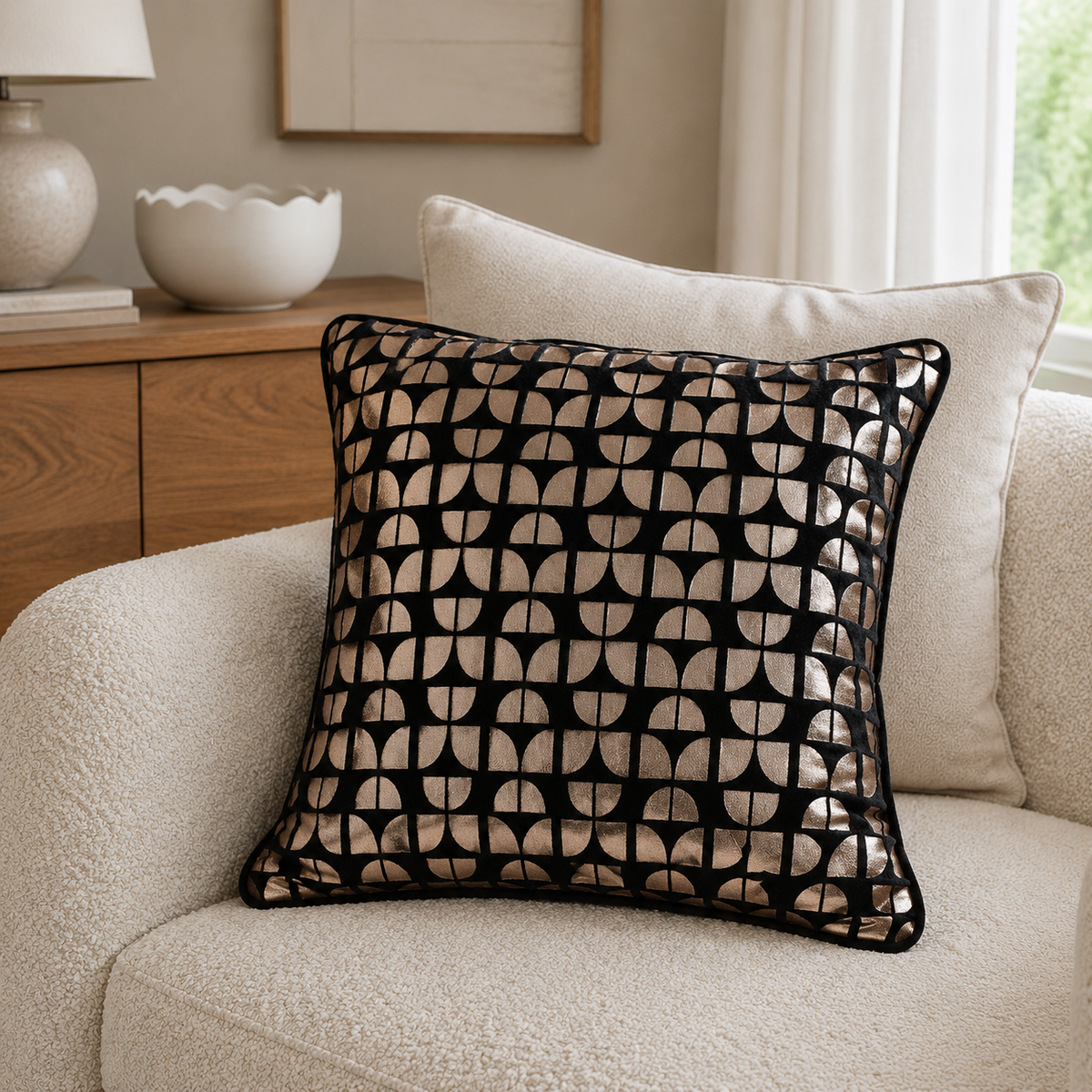 Malini Dominatrix Velvet Geo Gold On Black Square Cushion 45x45 styled on light neutral furniture