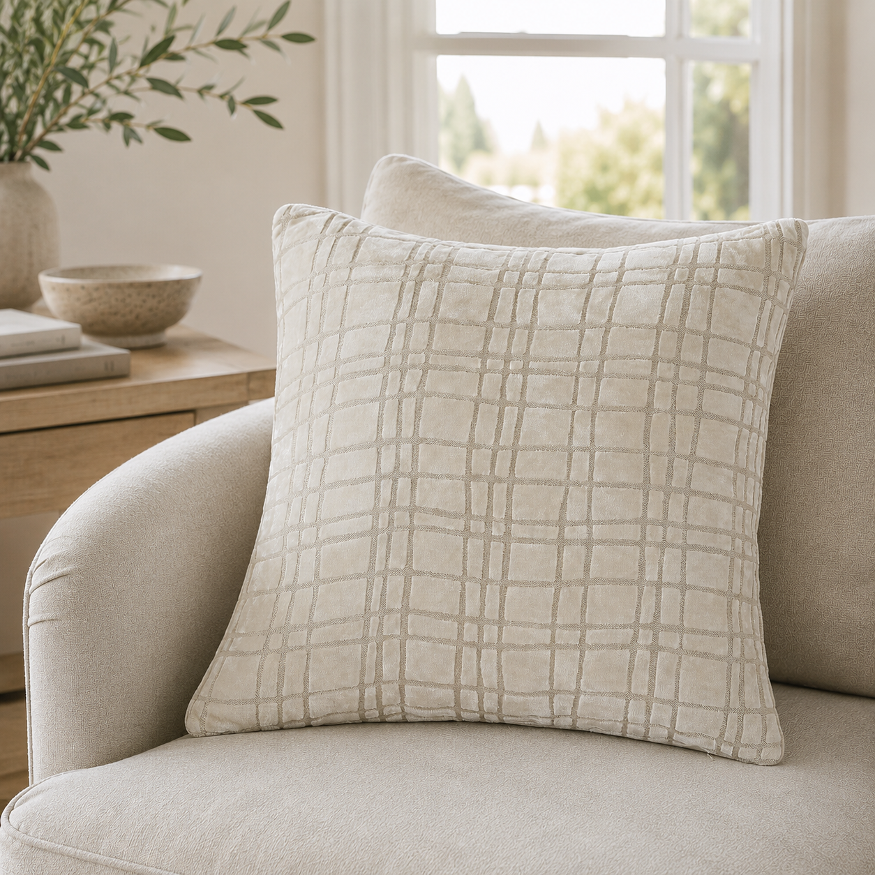 Malini Paul Moneypenny Drunk Plaid Ivory 43x43 cushion lifestyle image