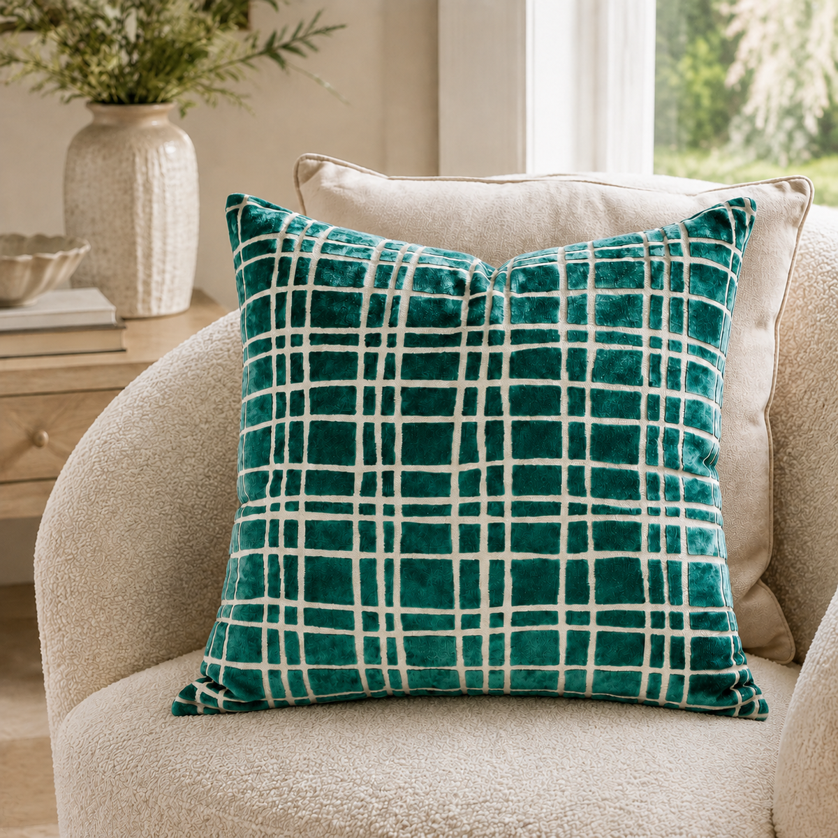 Malini Paul Moneypenny Drunk Plaid Teal Blue Velvet Square Cushion 43x43 lifestyle image