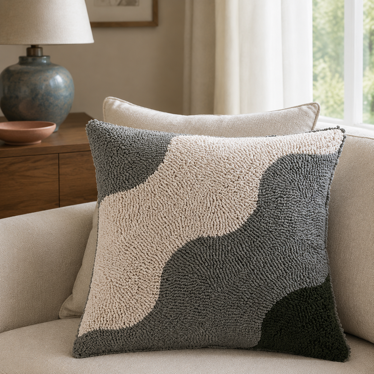 Malini Ember Sage Green square cushion lifestyle