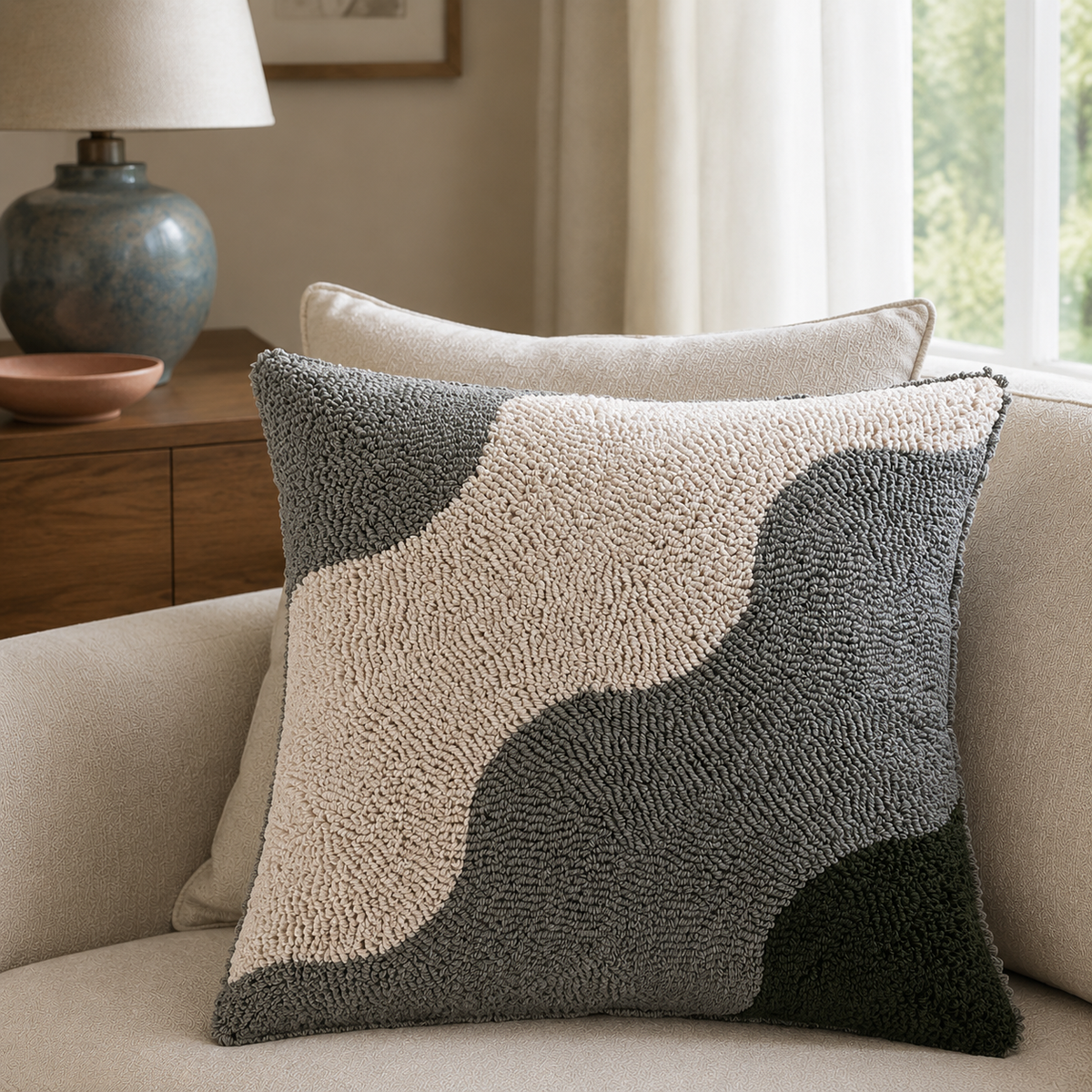 Malini Ember Sage Green square cushion lifestyle