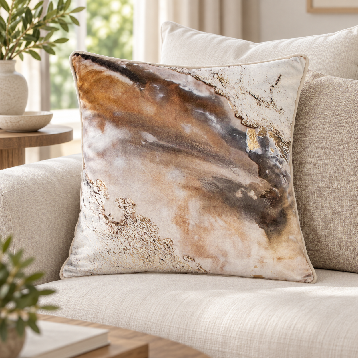 Malini Everlast Printed Spilt Caramel Square Cushion 45x45 lifestyle image