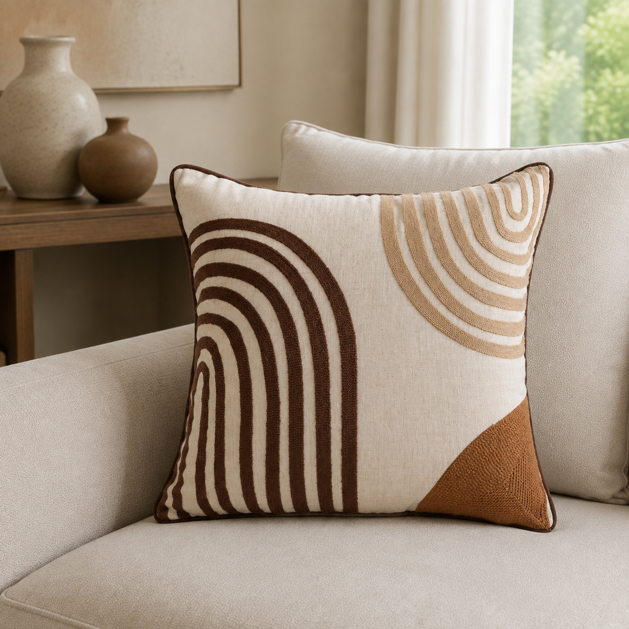 Malini Crewl Stitch Curves Square Cushion 45x45 lifestyle image