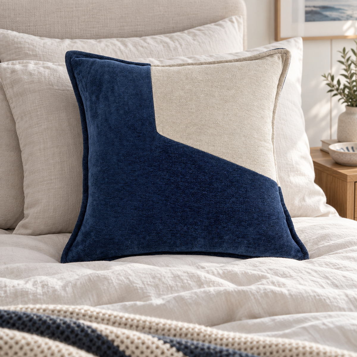 Malini An Angle Design Navy & Cream Square Cushion 45x45 in a cosy interior with natural daylight