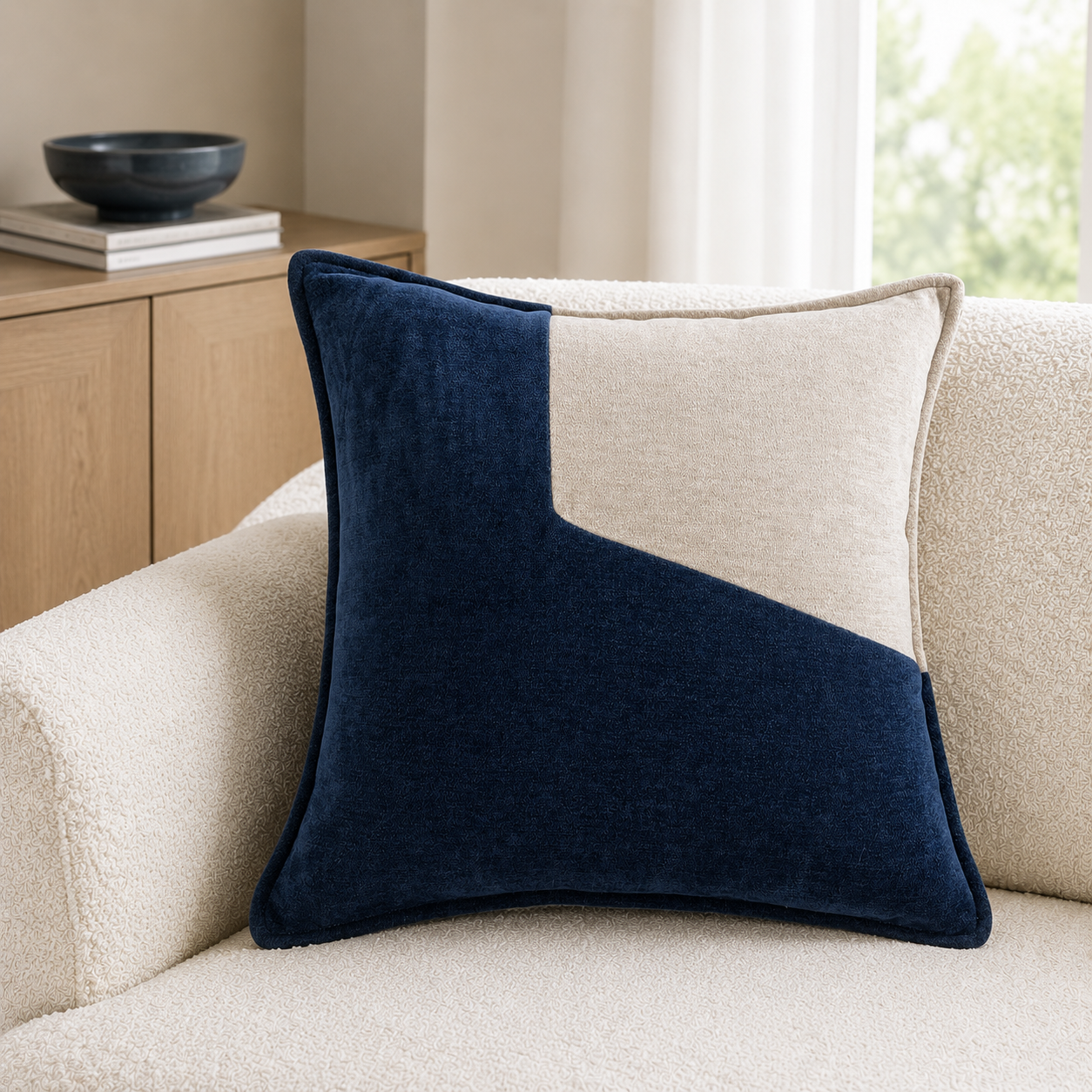 Malini An Angle Design Navy & Cream Square Cushion 45x45 lifestyle image