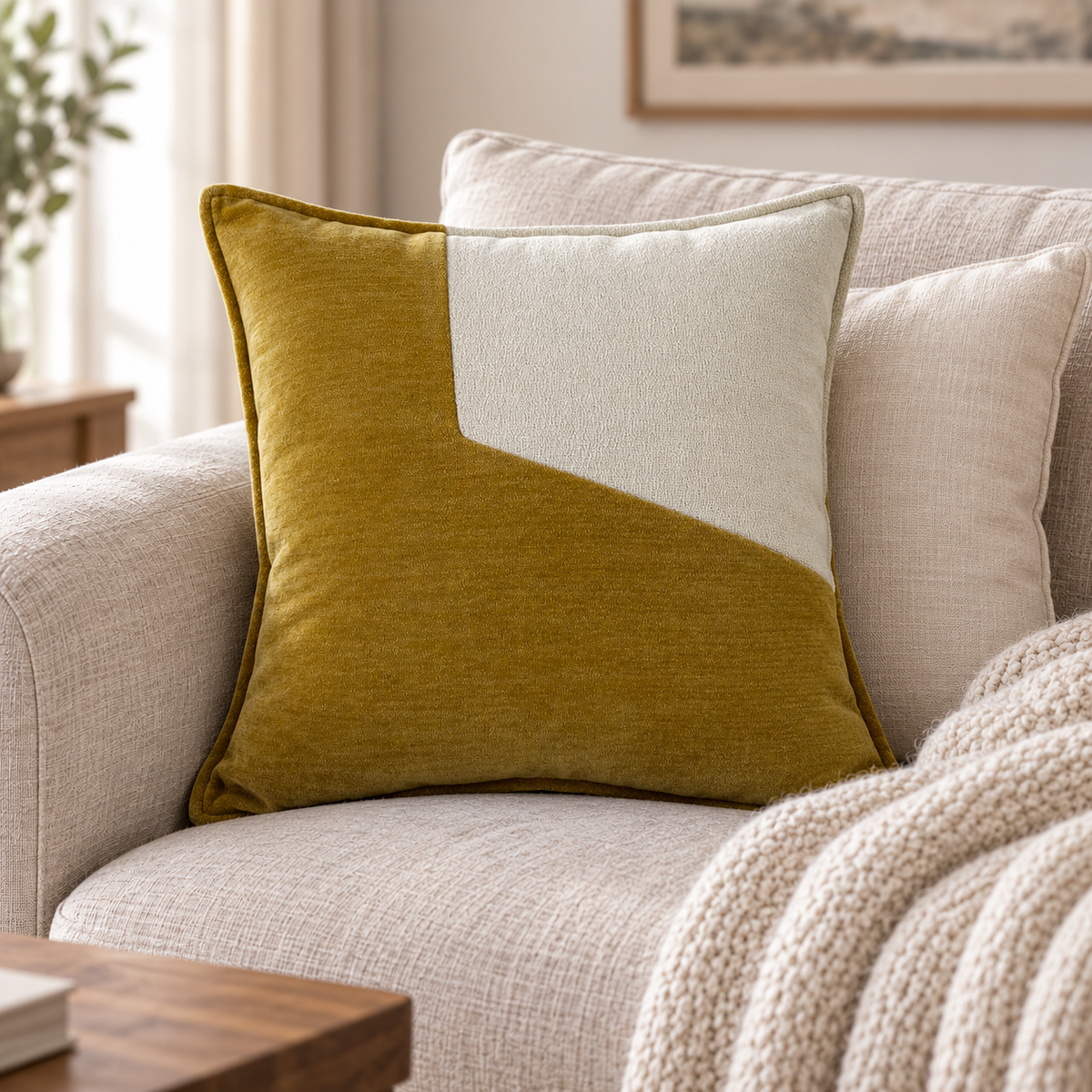 Malini An Angle Design Whiskey & Cream Square Cushion 45x45 in a cosy interior with natural daylight
