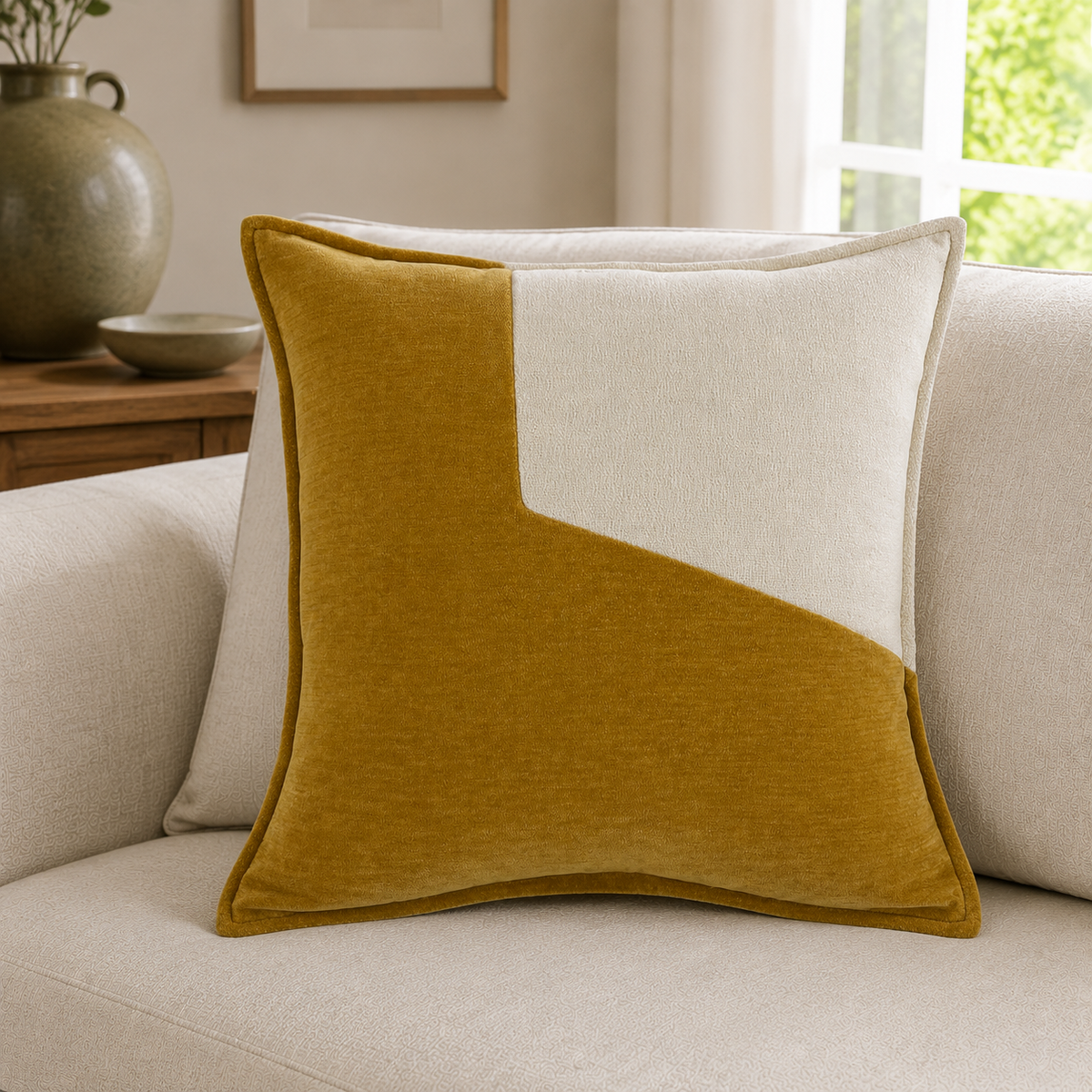 Malini An Angle Design Whiskey & Cream Square Cushion 45x45 lifestyle image