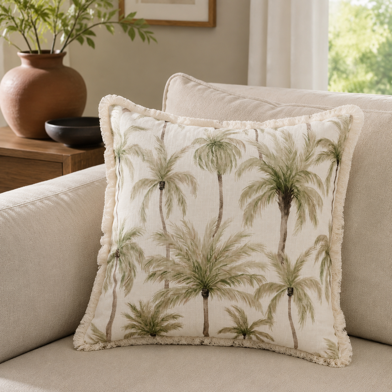 Malini Fronda Cream and Green square cushion lifestyle