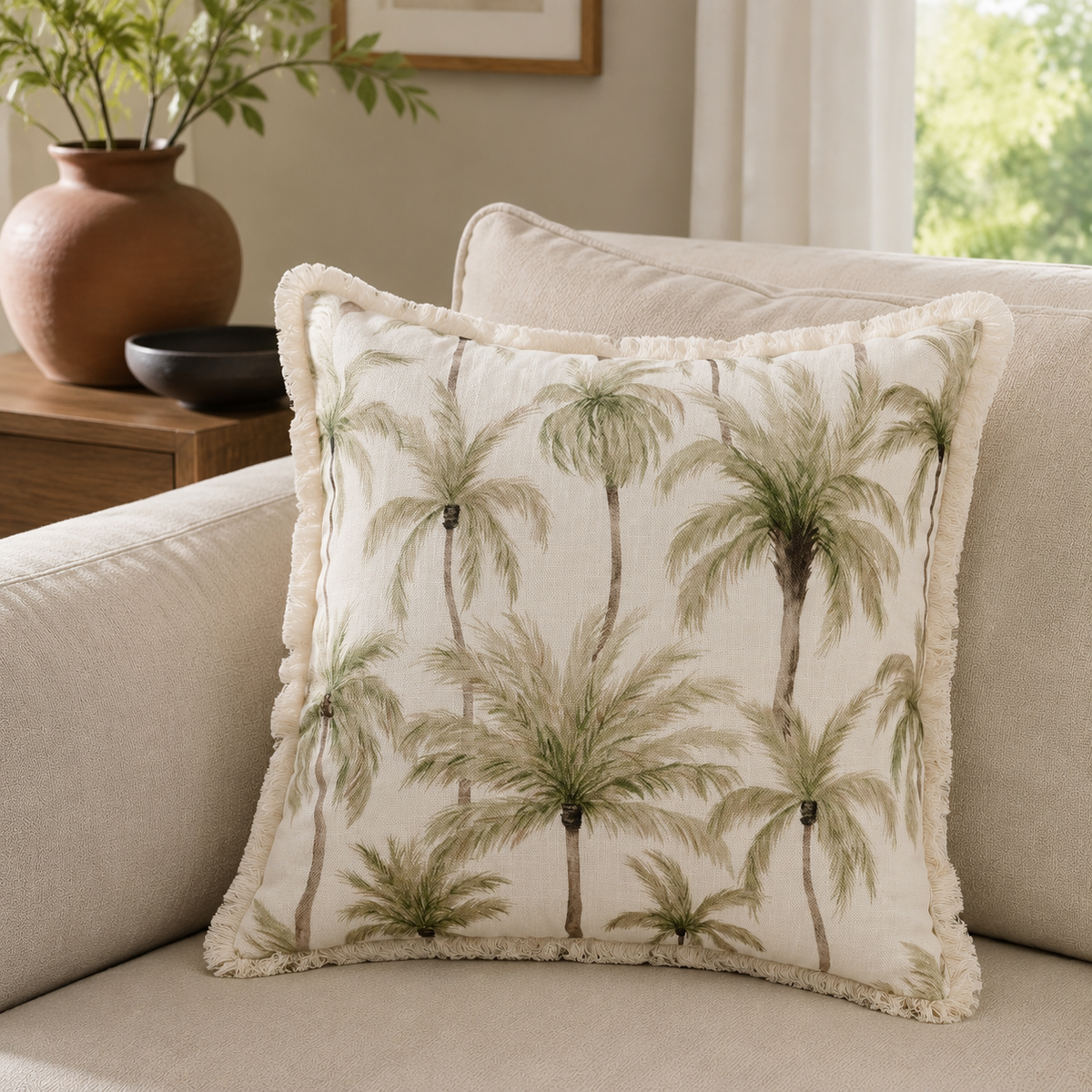 Malini Fronda Cream and Green square cushion lifestyle