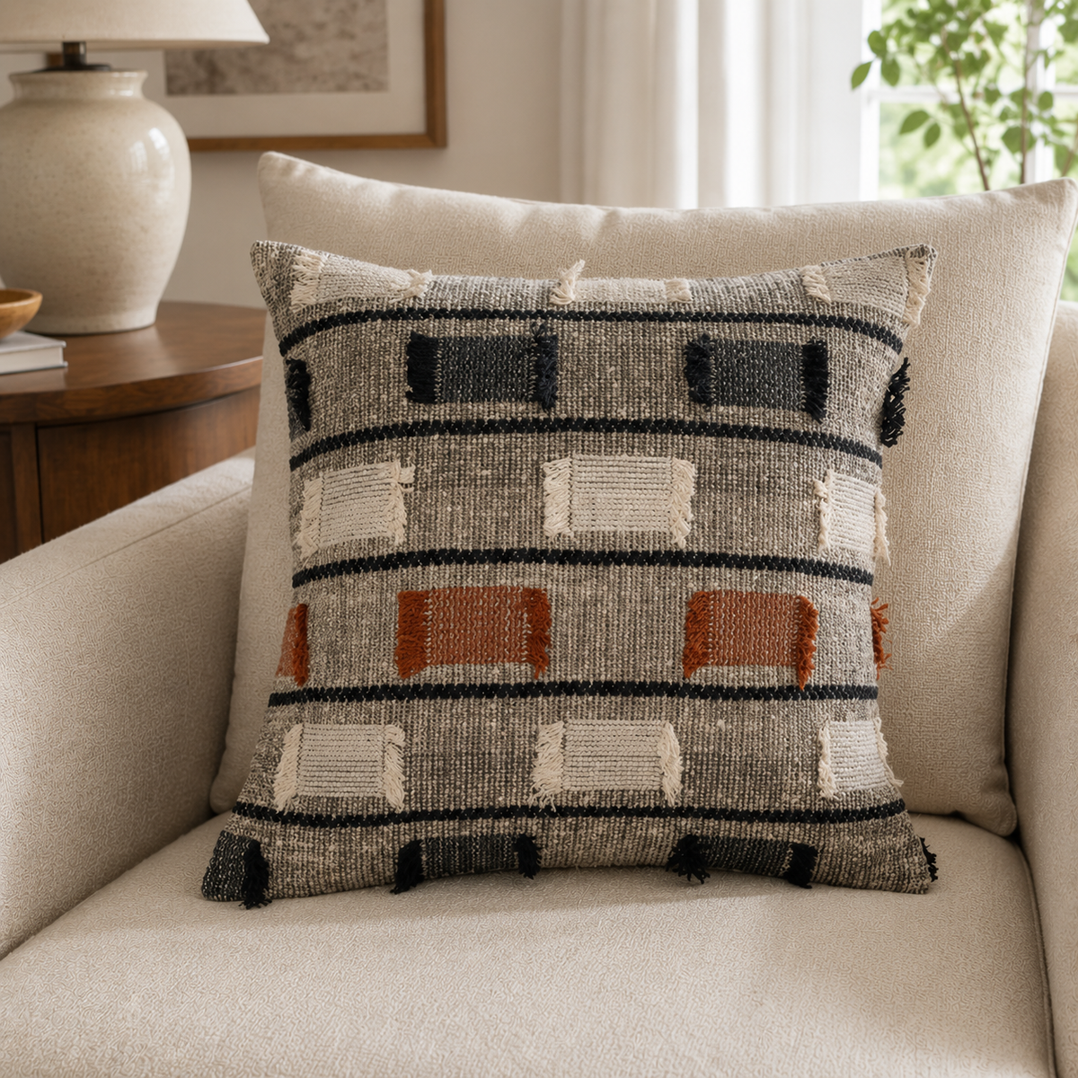 Malini Gobi textured woven grey square cushion 45x45 in a neutral living room