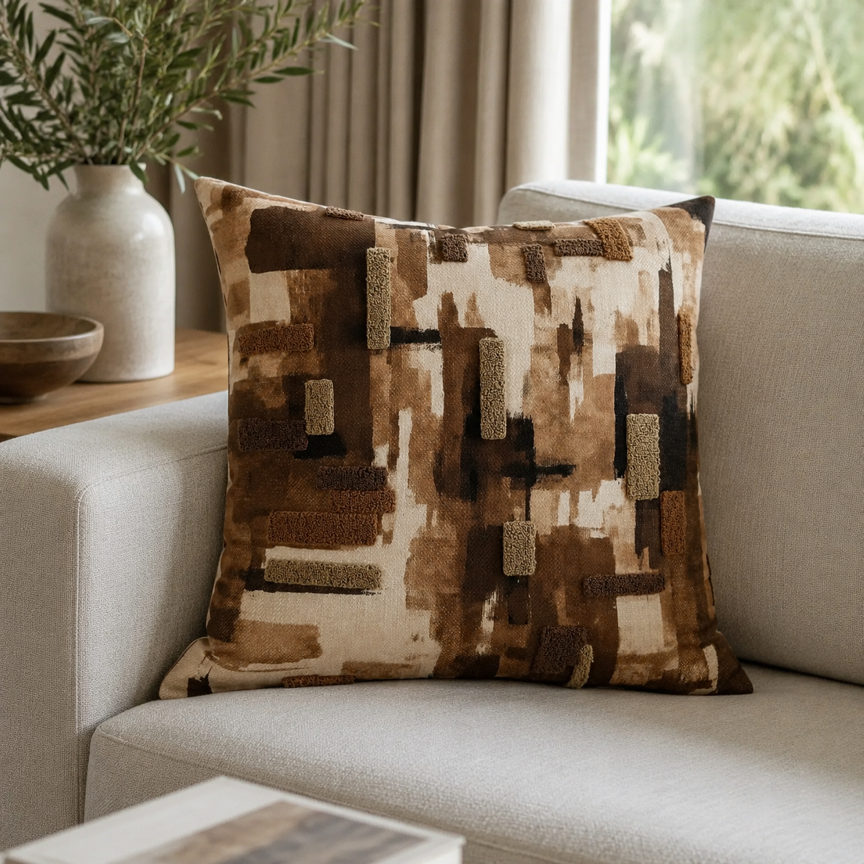 Malini Homestead Brown Velvet Square Cushion 45x45 lifestyle image