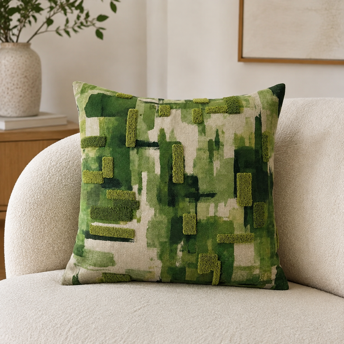 Malini Homestead Olive Green Velvet Square Cushion 45x45 lifestyle image