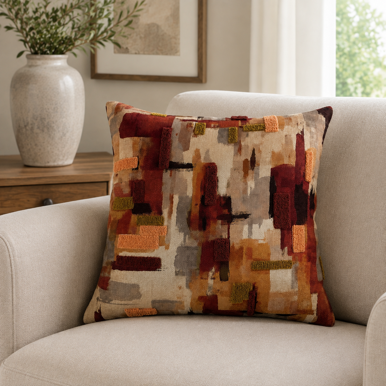 Malini Homestead Rust Orange Velvet Square Cushion 45x45 lifestyle image
