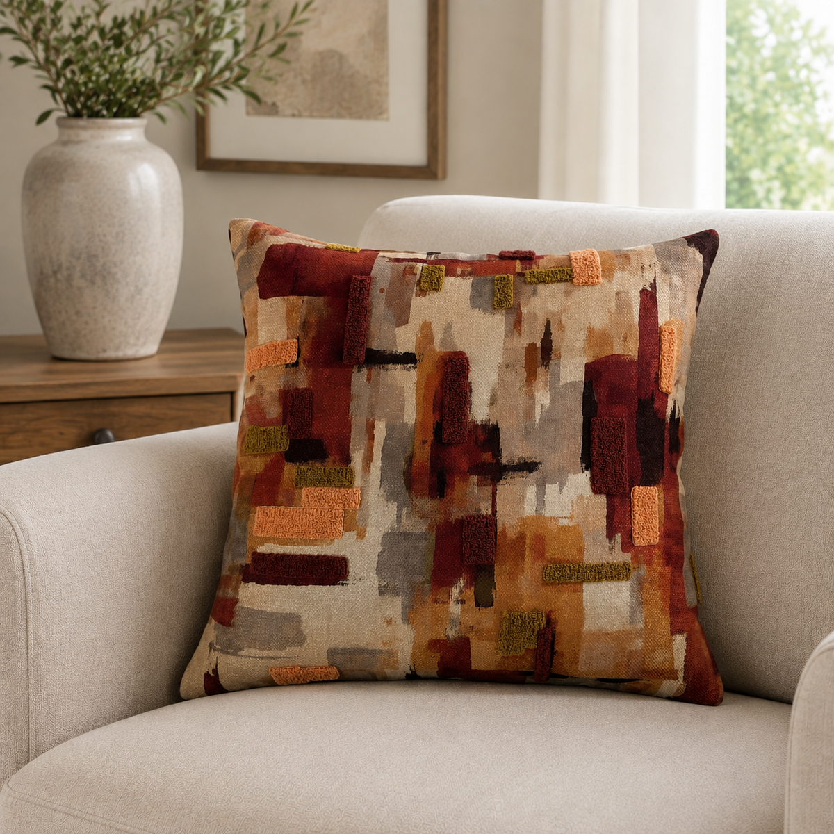 Malini Homestead Rust Orange Velvet Square Cushion 45x45 lifestyle image