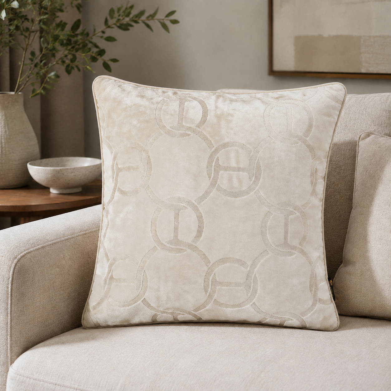 Malini Paul Moneypenny Chains Cut Velvet Ivory Square Cushion 43x43 lifestyle image