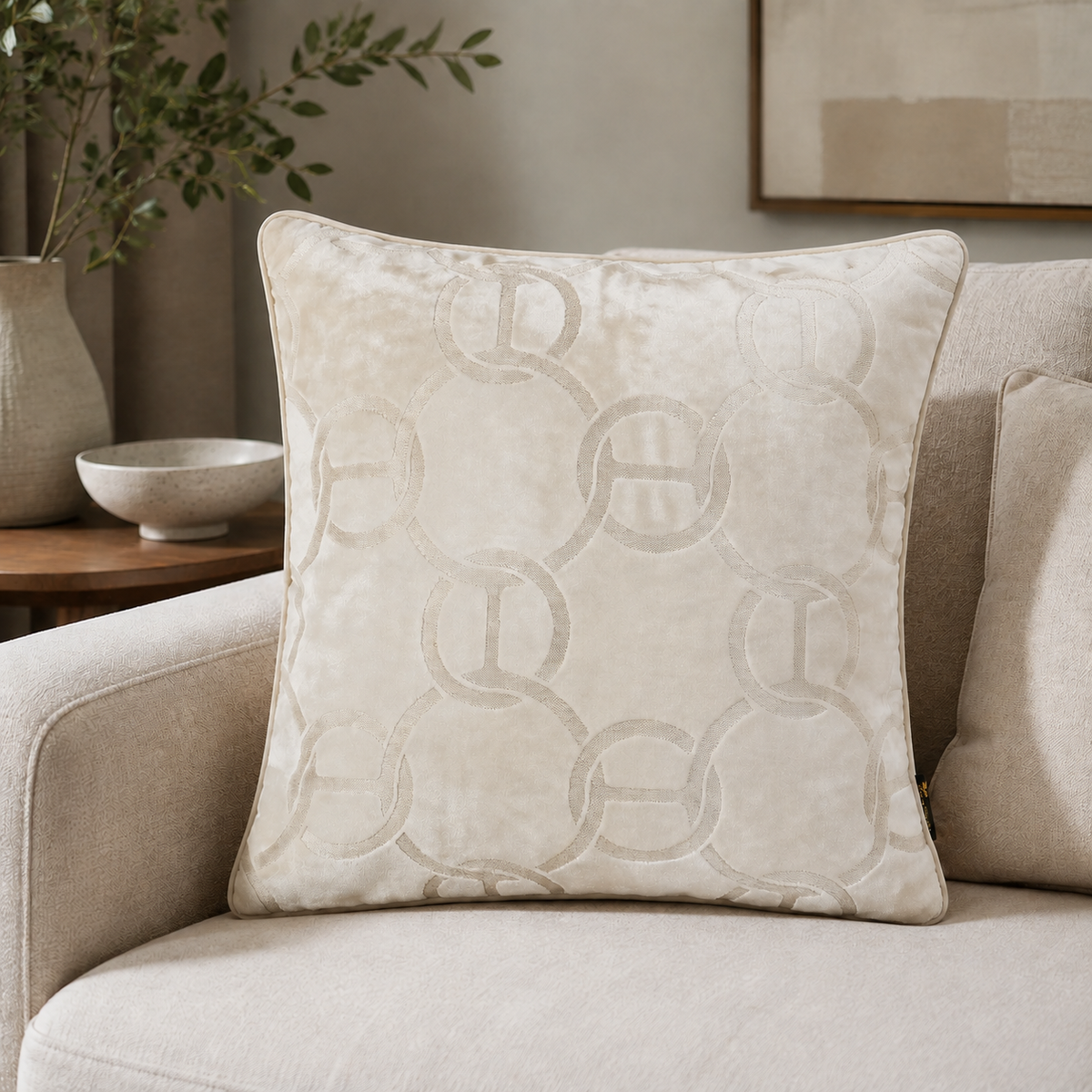 Malini Paul Moneypenny Chains Cut Velvet Ivory Square Cushion 43x43 lifestyle image