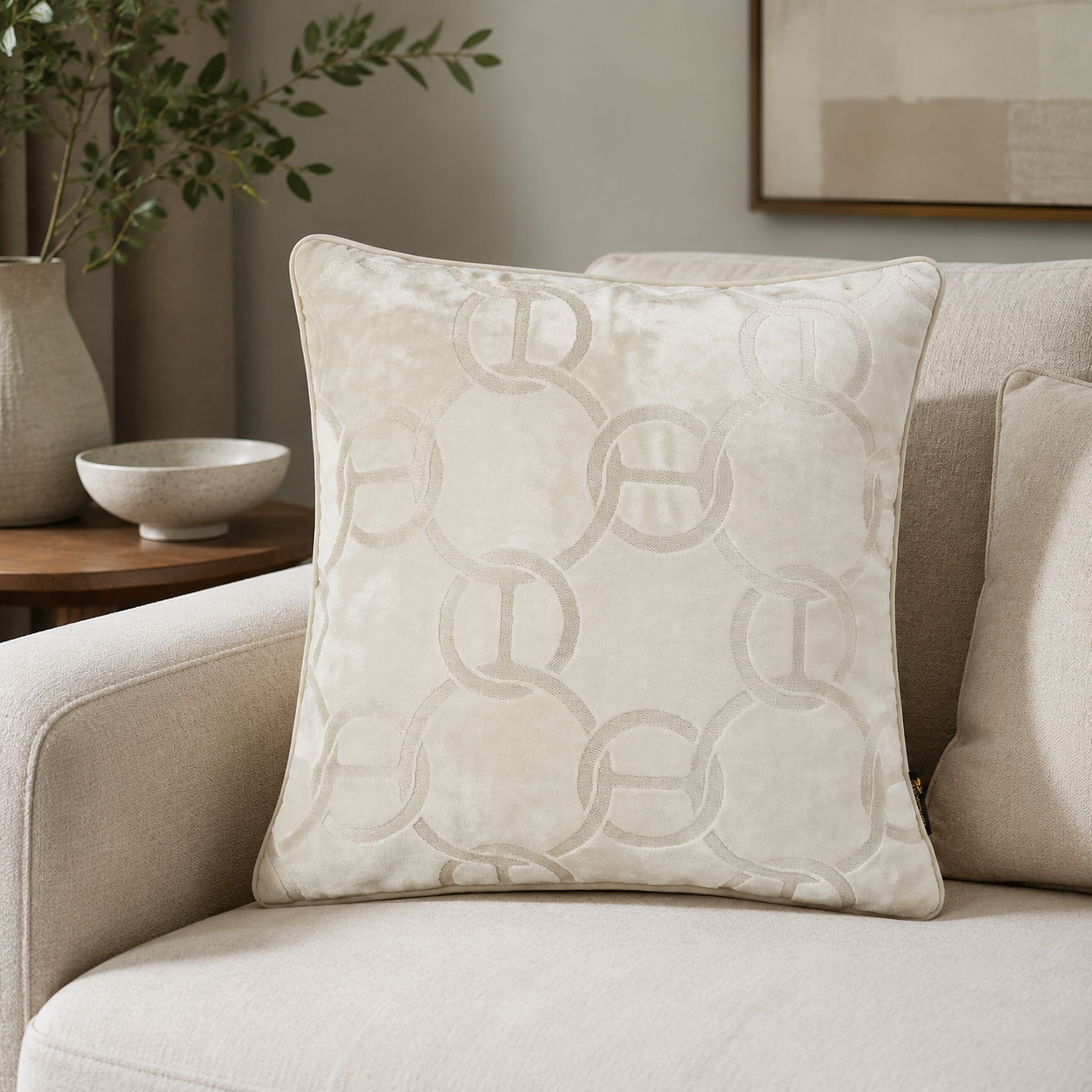 Malini Paul Moneypenny Chains Cut Velvet Ivory Square Cushion 43x43 lifestyle image