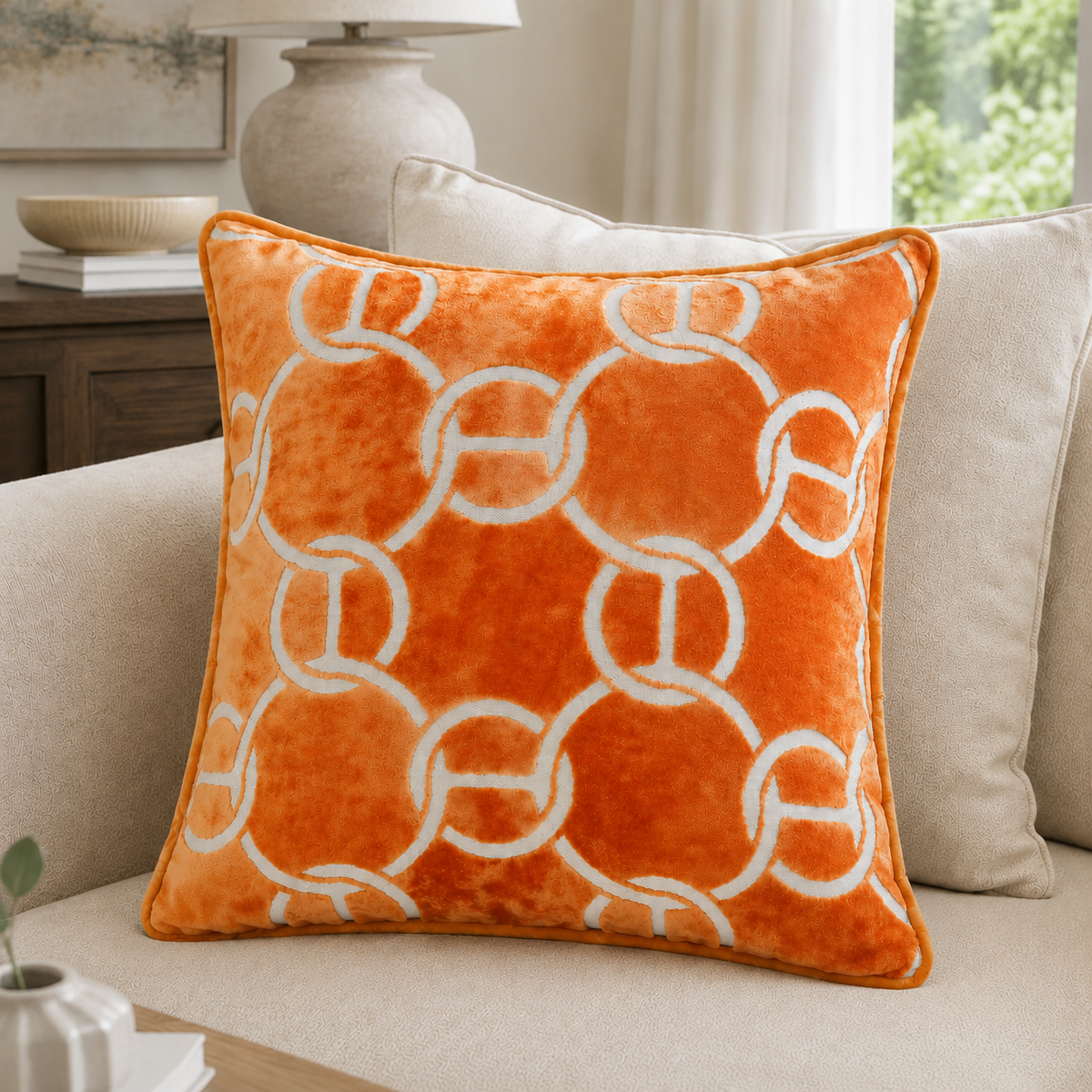 Malini Paul Moneypenny Chains Cut Velvet Orange Square Cushion 43x43 lifestyle image