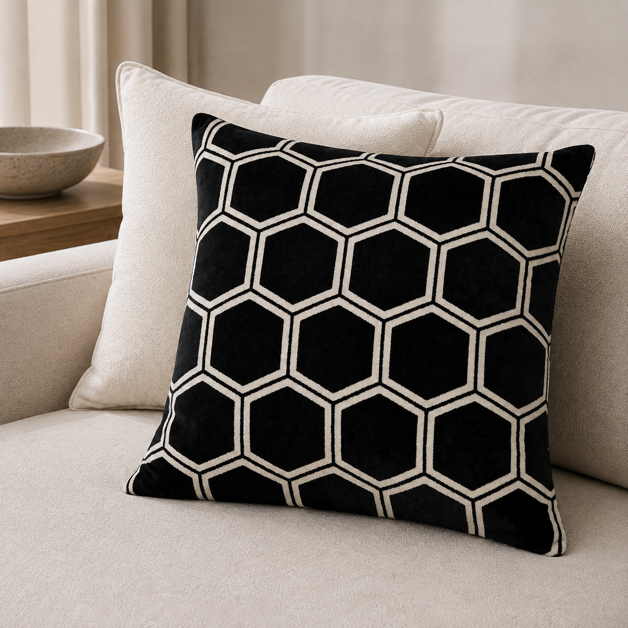 Malini Ivor black hexagon velvet square cushion 43x43 in a neutral living room