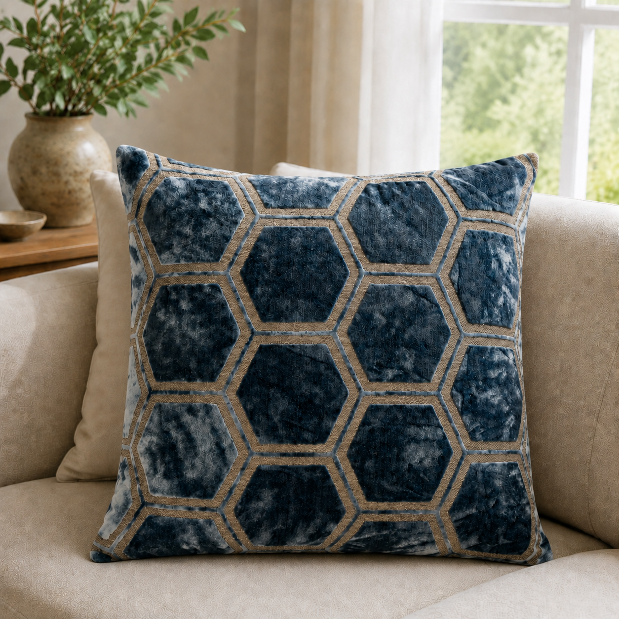 Malini Ivor Hexagon Velvet Blue Square Cushion 43x43 lifestyle image