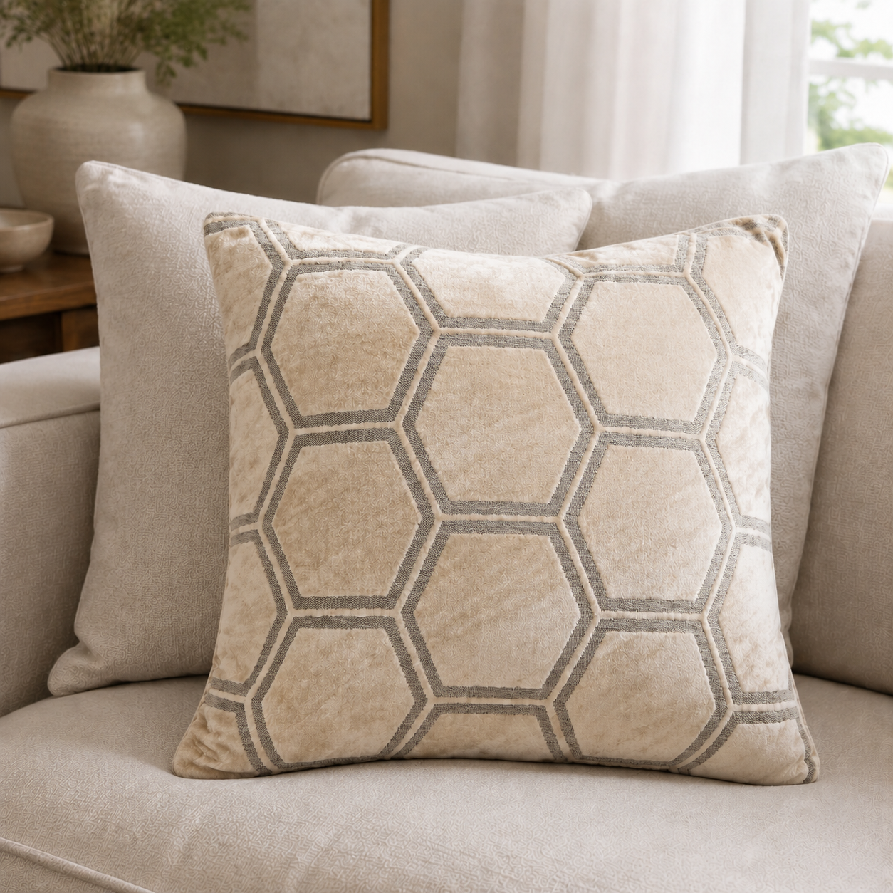 Malini Ivor Large Hexagon Velvet Square Cushion Cream 43x43 lifestyle image
