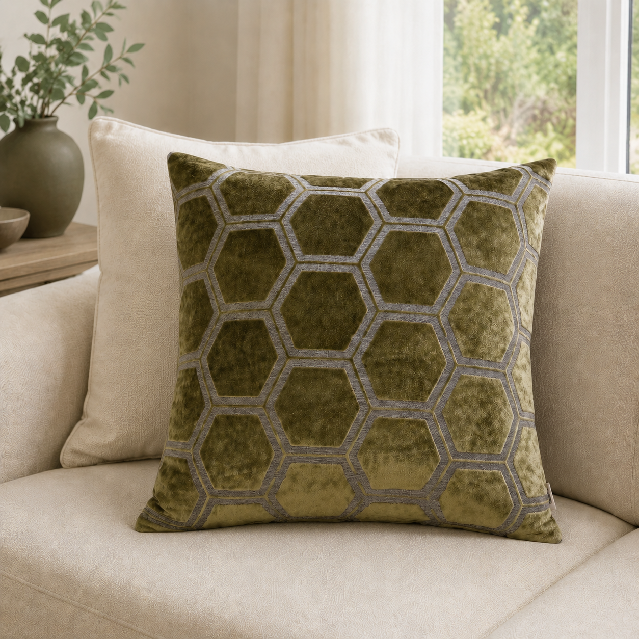 Malini Ivor Hexagon Velvet Olive Green Square Cushion 43x43 lifestyle image