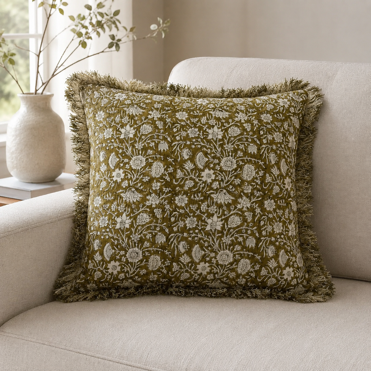 Malini Jamila Olive Green & Ecru Cream Square Cushion 45x45 lifestyle image