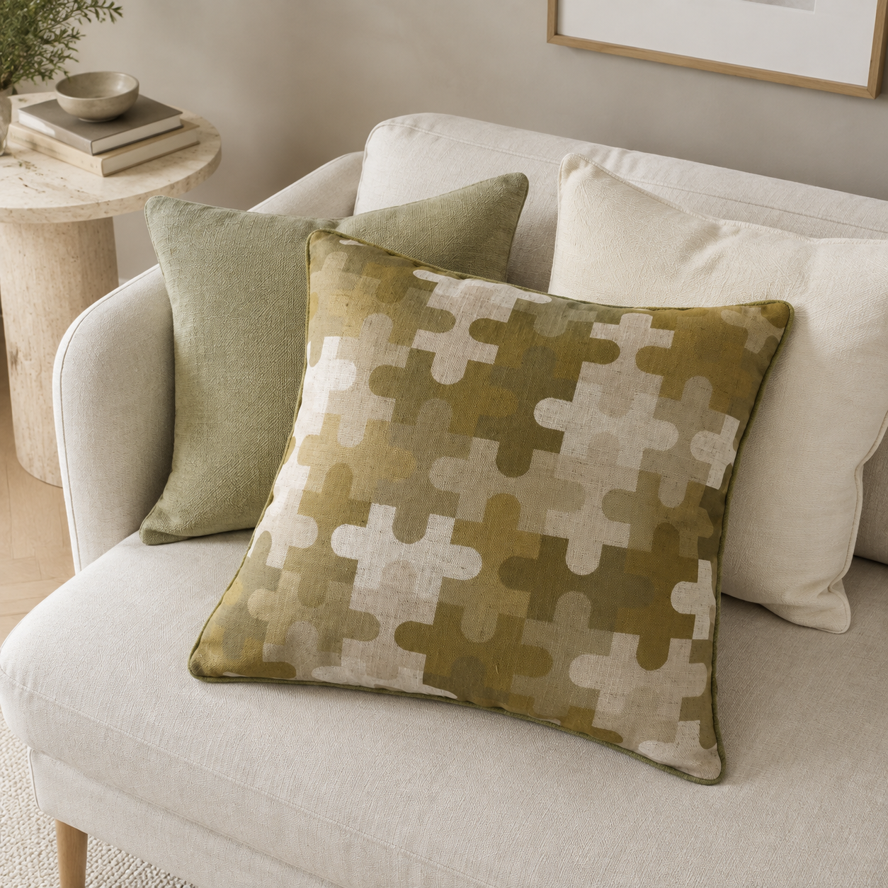 Malini Modern Jigsaw Print On Fax Linen Swampgreen Square Cushion 45x45 styled in a light neutral interior